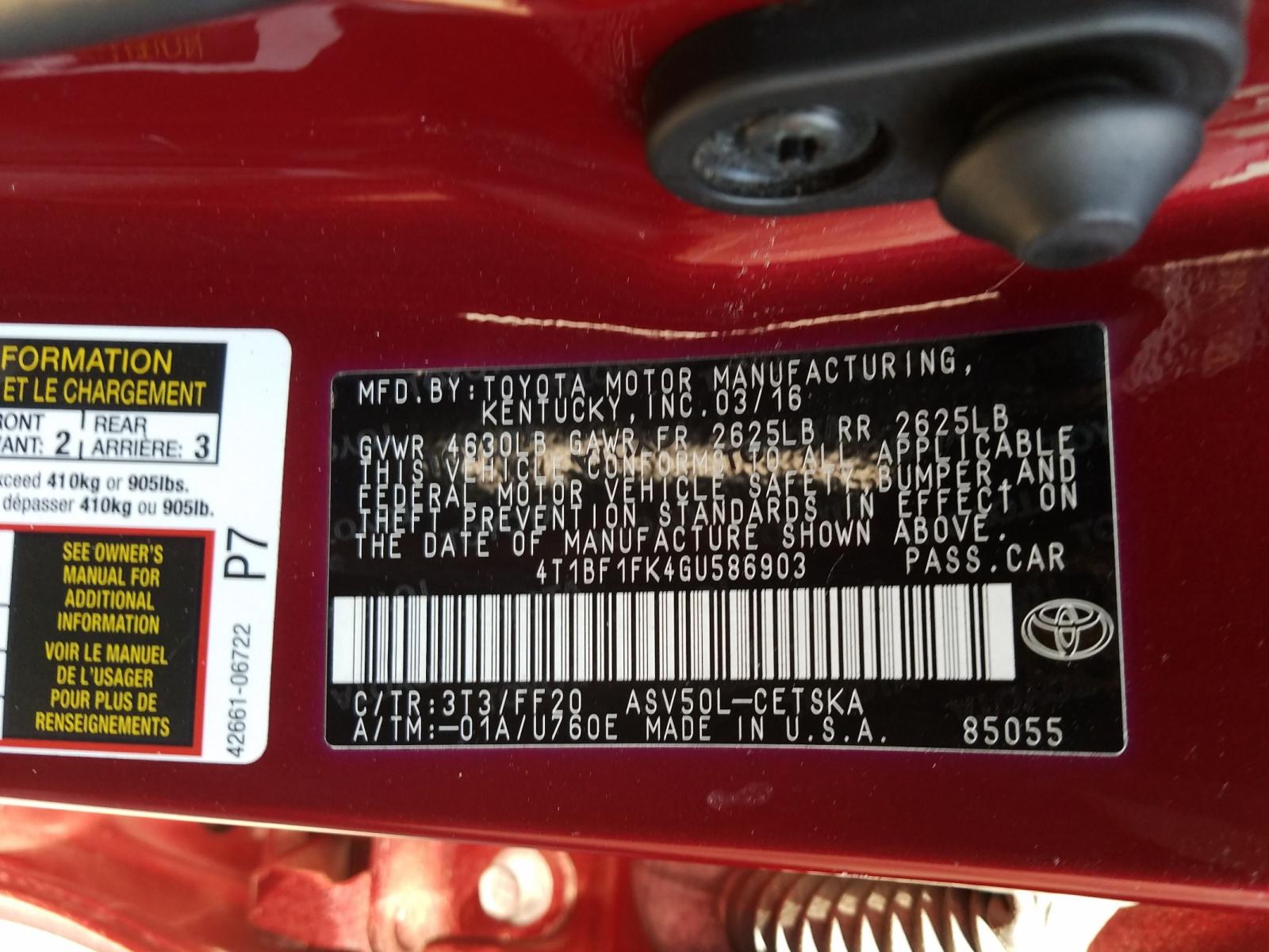 Photo 20 from auction – 2016 TOYOTA CAMRY LE with VIN 4T1BF1FK4GU586903