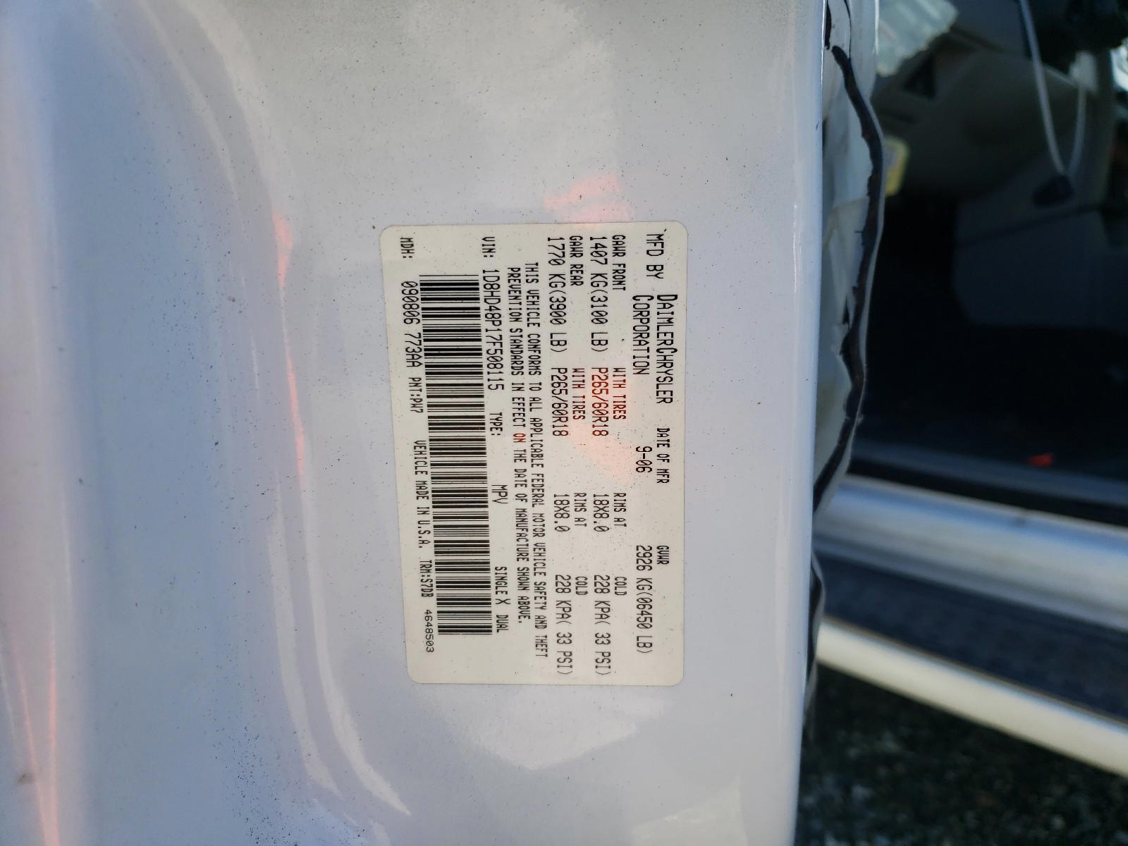Photo 10 from auction – 2007 DODGE DURANGO SL with VIN 1D8HD48P17F508115