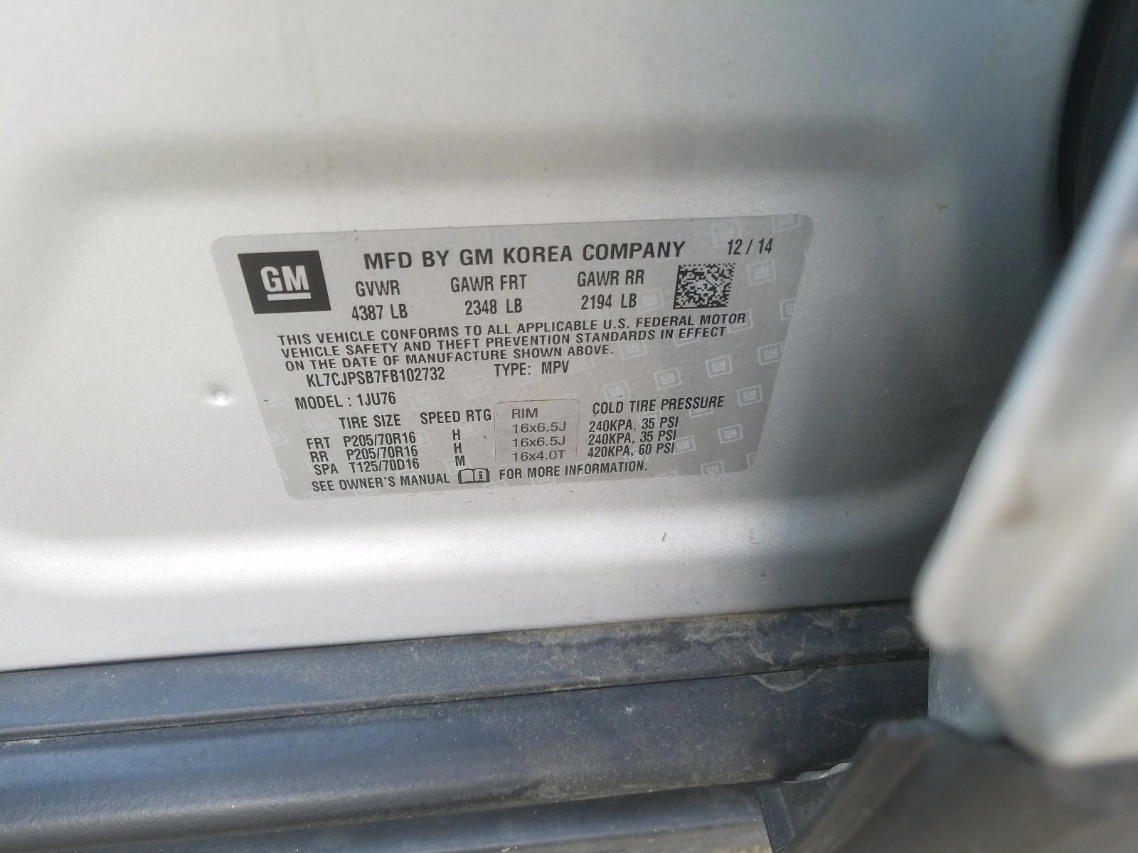 Photo 10 from auction – 2015 CHEVROLET TRAX 1LS with VIN KL7CJPSB7FB102732