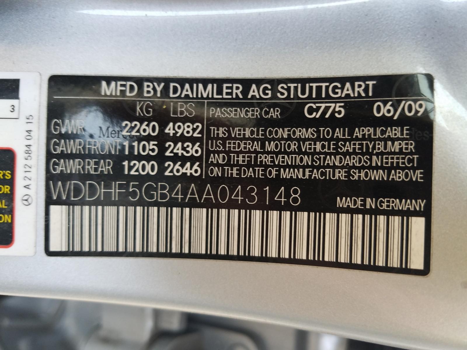 Photo 20 from auction – 2010 MERCEDES-BENZ E 350 with VIN WDDHF5GB4AA043148