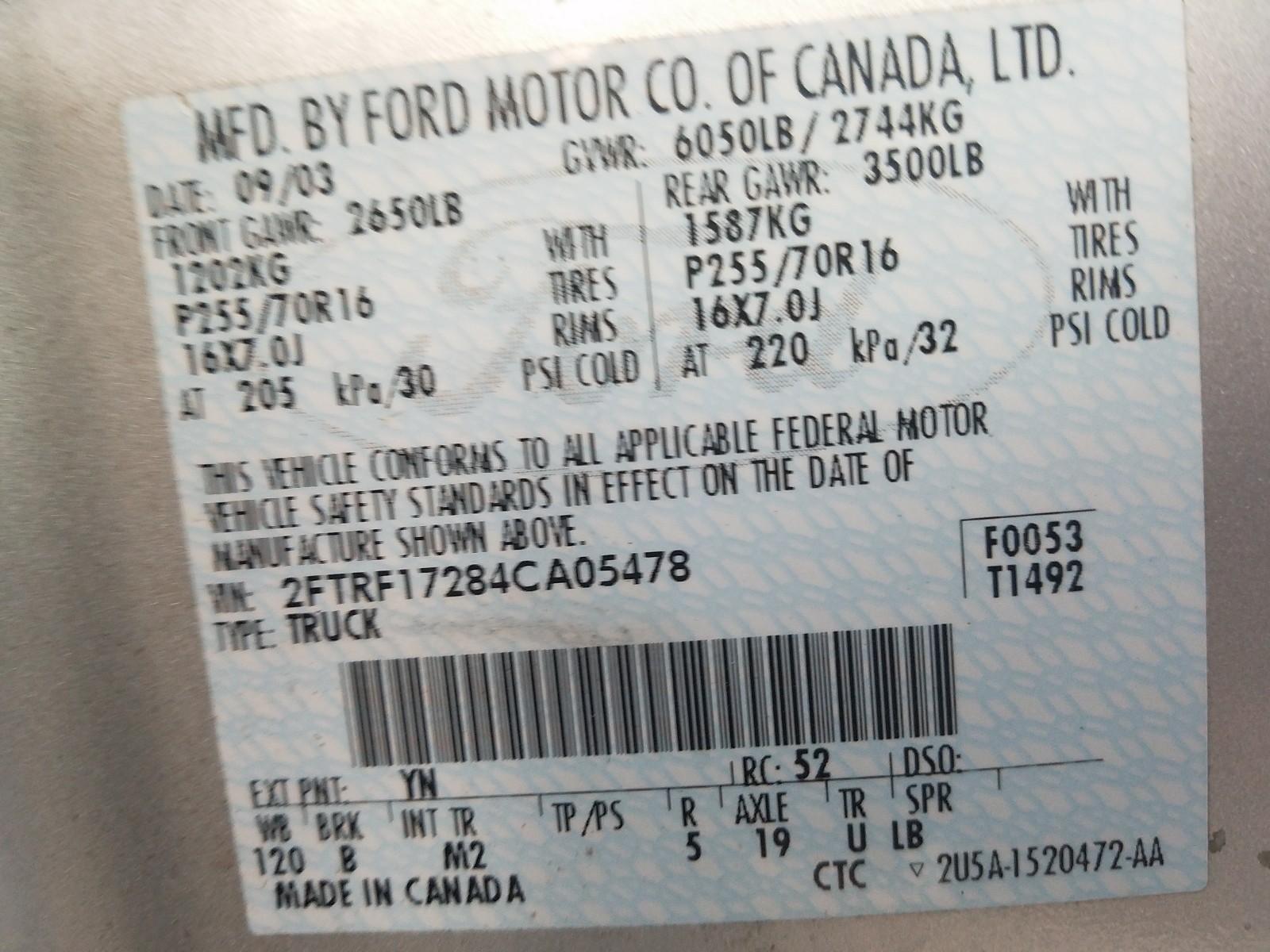 Photo 10 from auction – 2004 FORD F-150 HERI with VIN 2FTRF17284CA05478