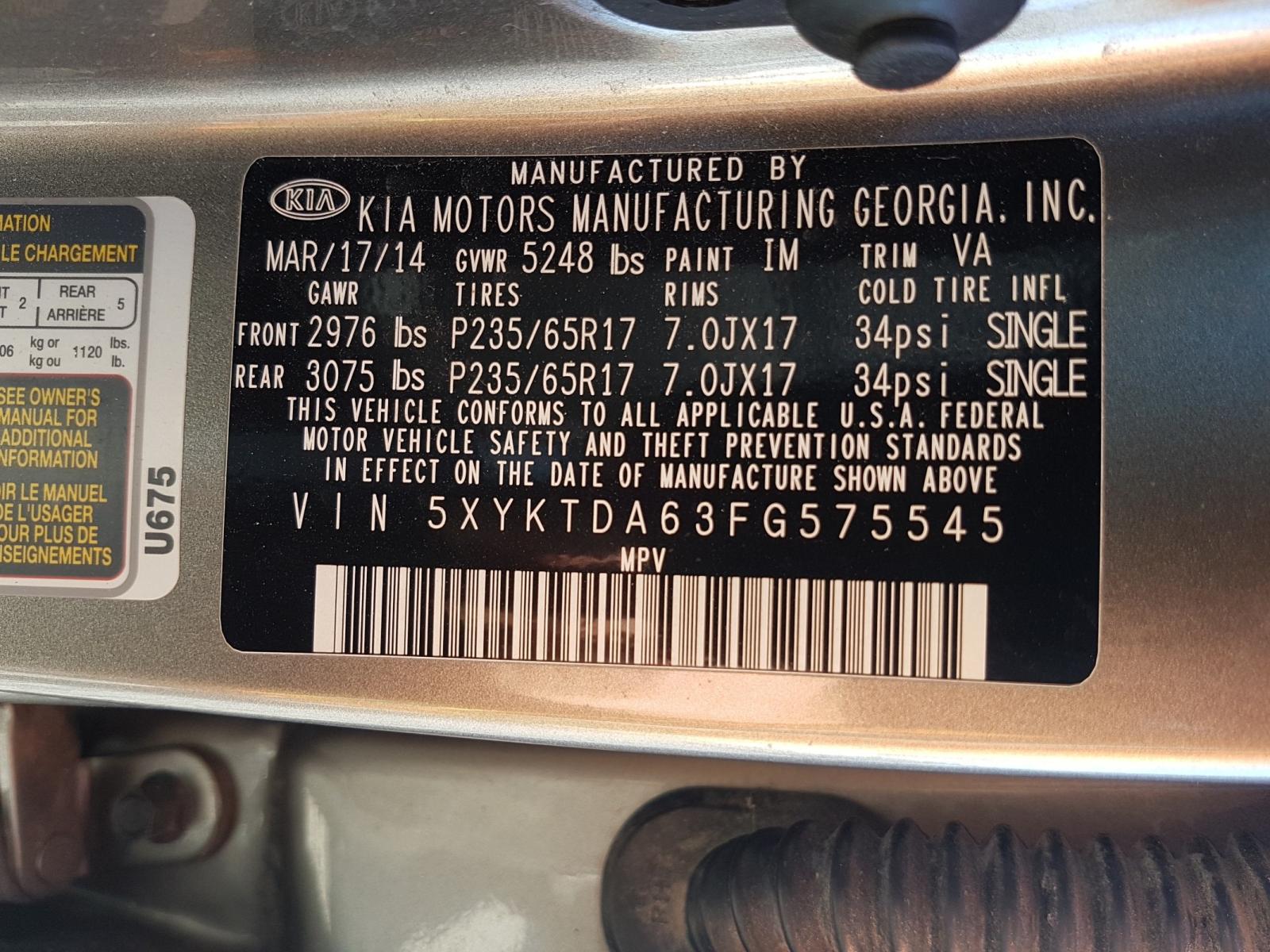 Photo 10 from auction – 2015 KIA SORENTO LX with VIN 5XYKTDA63FG575545