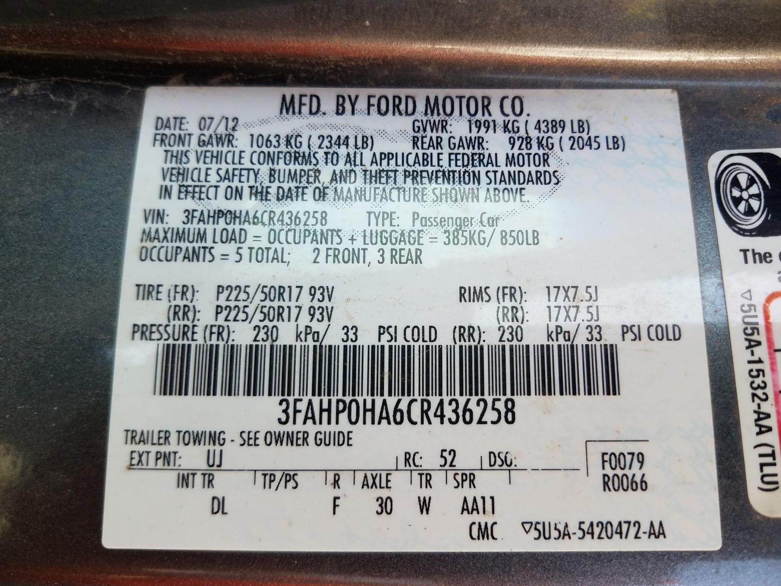 Photo 10 from auction – 2012 FORD FUSION SE with VIN 3FAHP0HA6CR436258