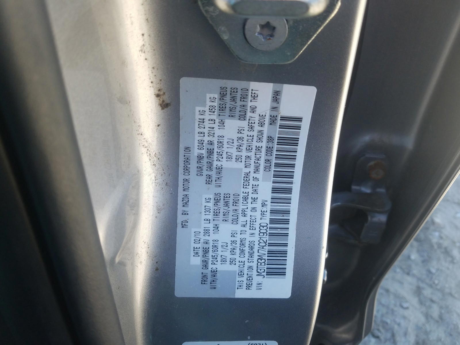Photo 10 from auction – 2010 MAZDA CX-9 with VIN JM3TB3MV7A0219030