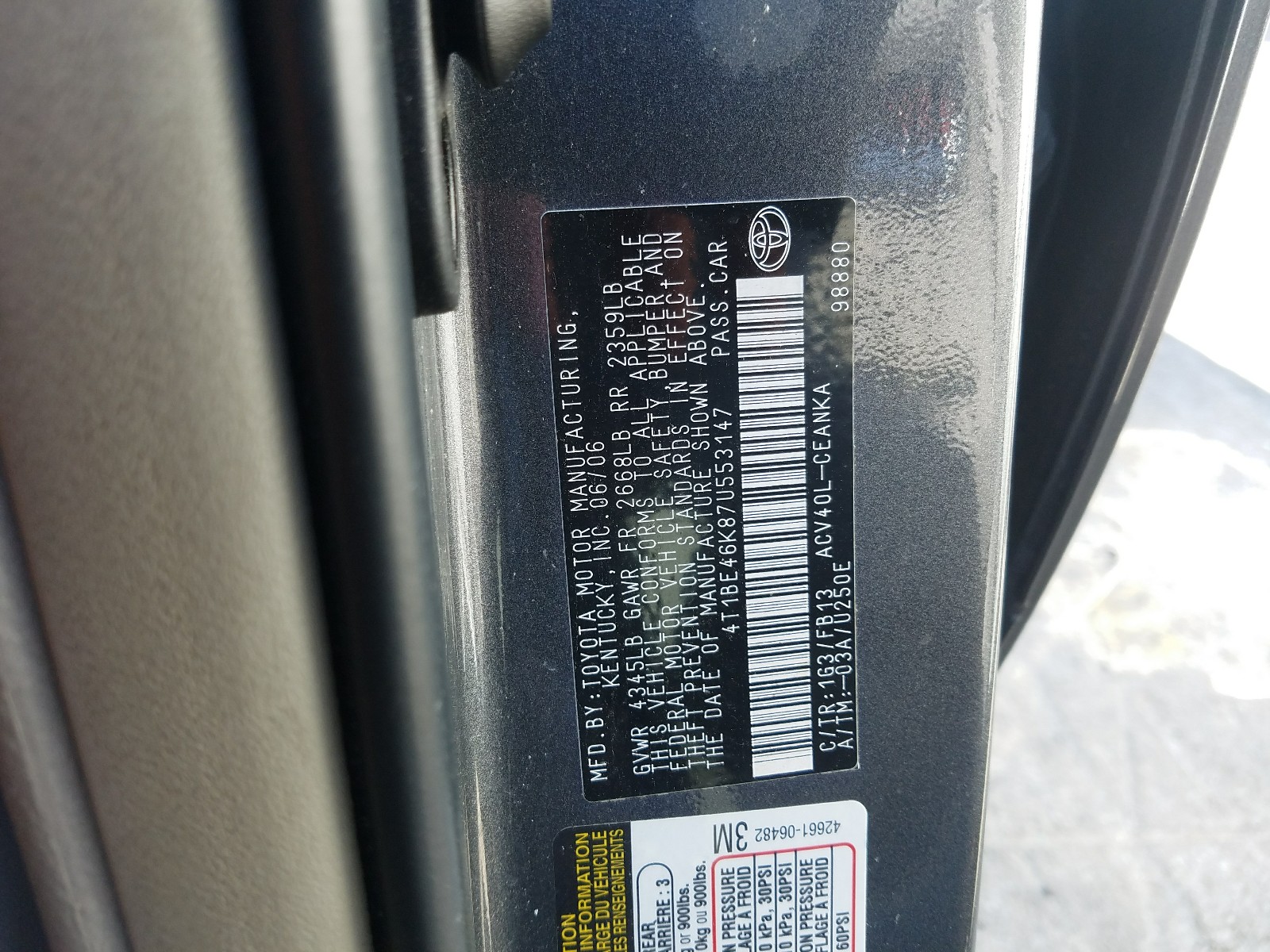 Photo 10 from auction – 2007 TOYOTA CAMRY CE with VIN 4T1BE46K87U553147
