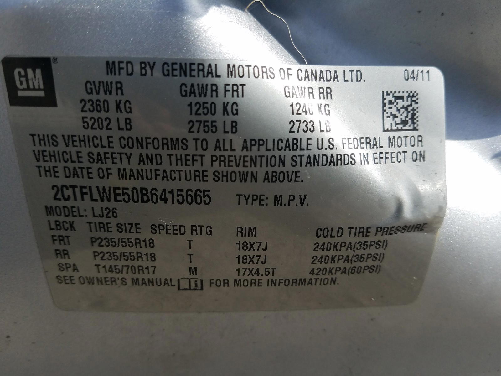 Photo 10 from auction – 2011 GMC TERRAIN SL with VIN 2CTFLWE50B6415665
