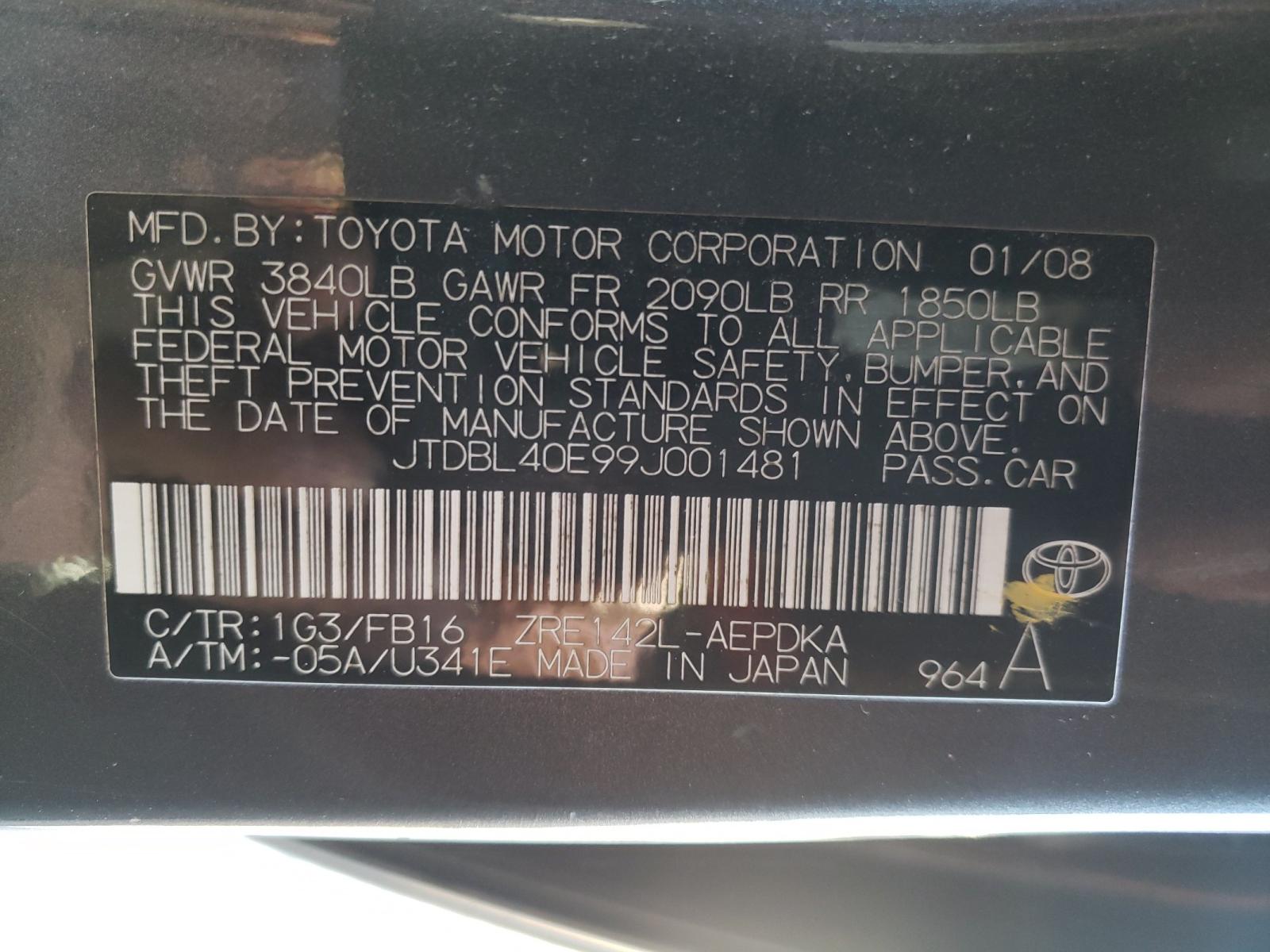 Photo 10 from auction – 2009 TOYOTA COROLLA BA with VIN JTDBL40E99J001481