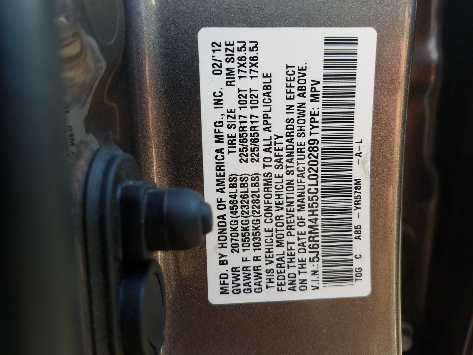 Photo 10 from auction – 2012 HONDA CR-V EX with VIN 5J6RM4H55CL020289