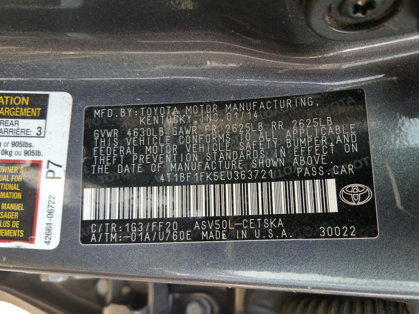 Photo 10 from auction – 2014 TOYOTA CAMRY L with VIN 4T1BF1FK5EU363721