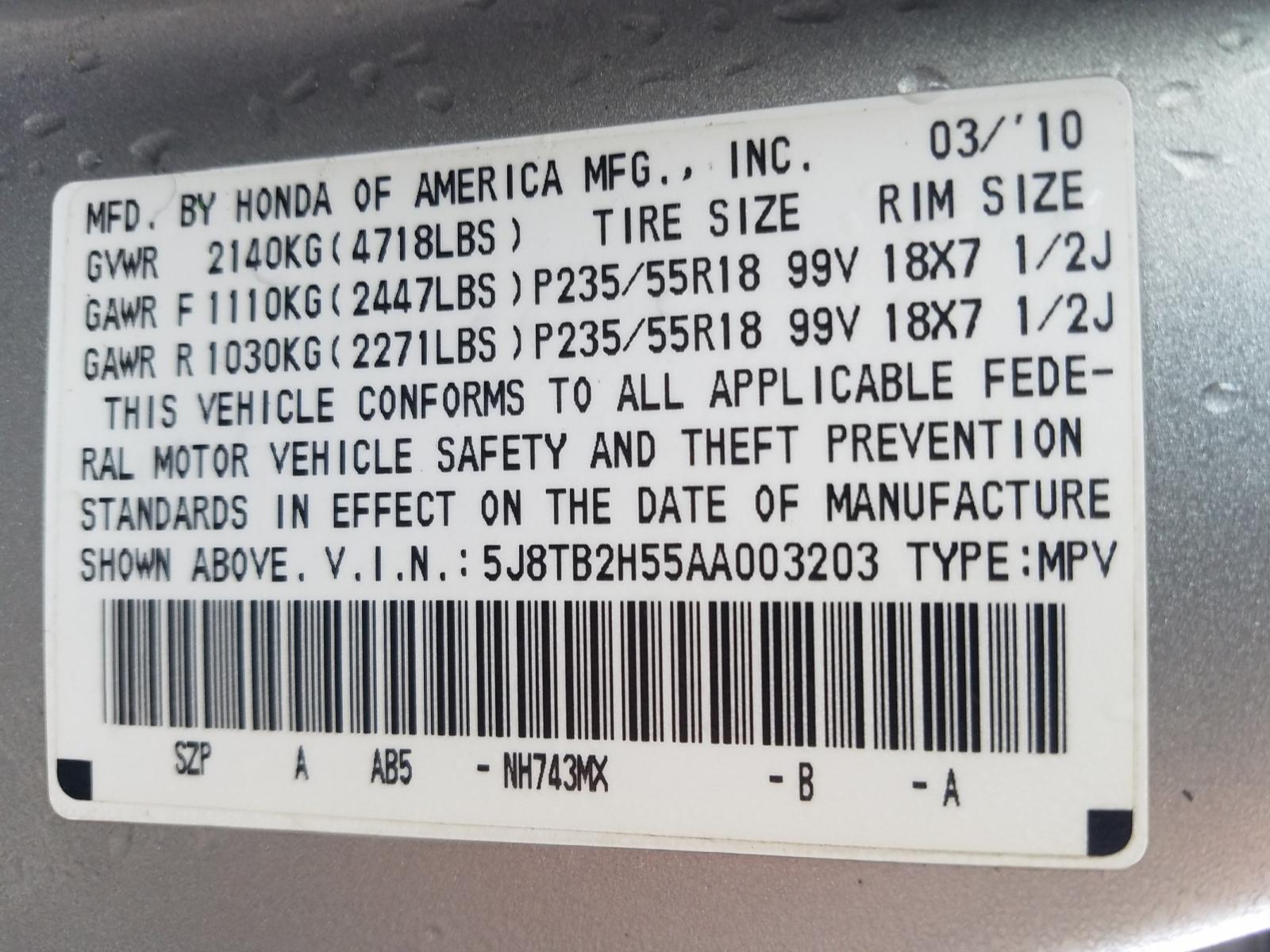 Photo 10 from auction – 2010 ACURA RDX TECHNO with VIN 5J8TB2H55AA003203