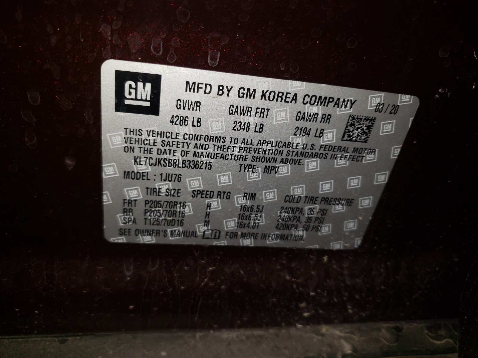 Photo 10 from auction – 2020 CHEVROLET TRAX LS with VIN KL7CJKSB8LB336215