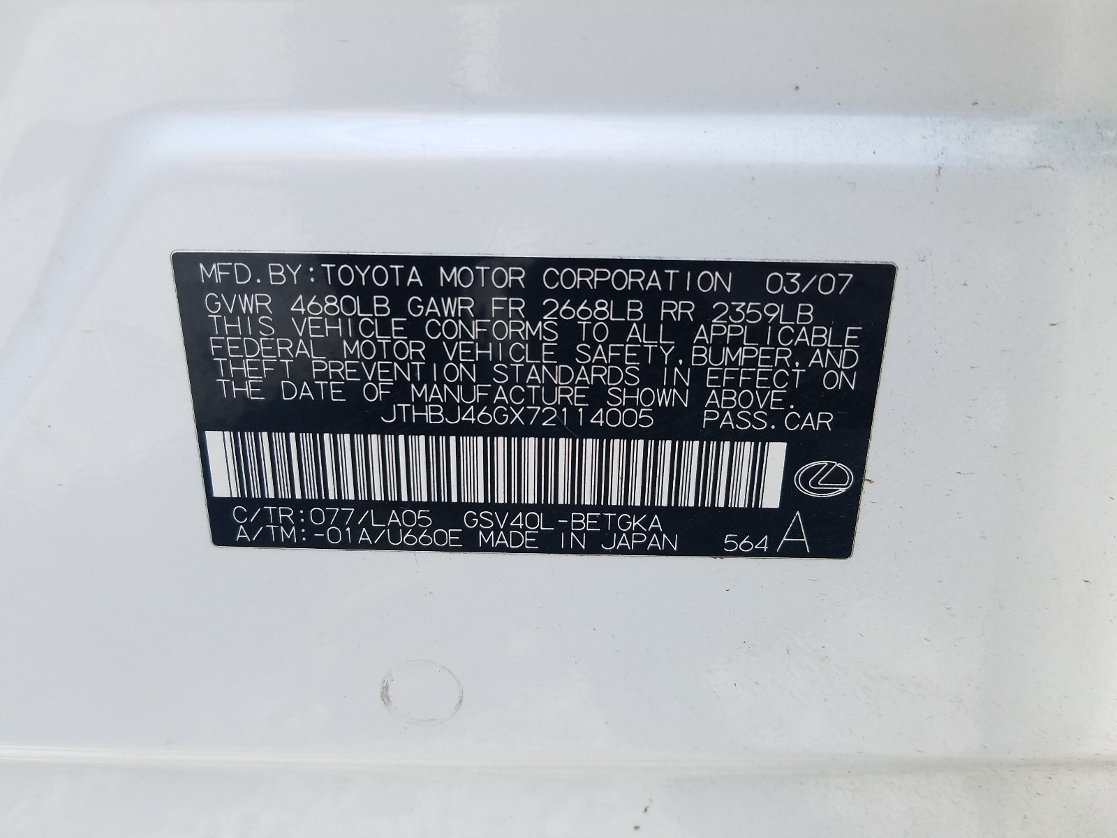 Zdjęcie 10 z aukcji – 2007 LEXUS ES 350 z VIN JTHBJ46GX72114005