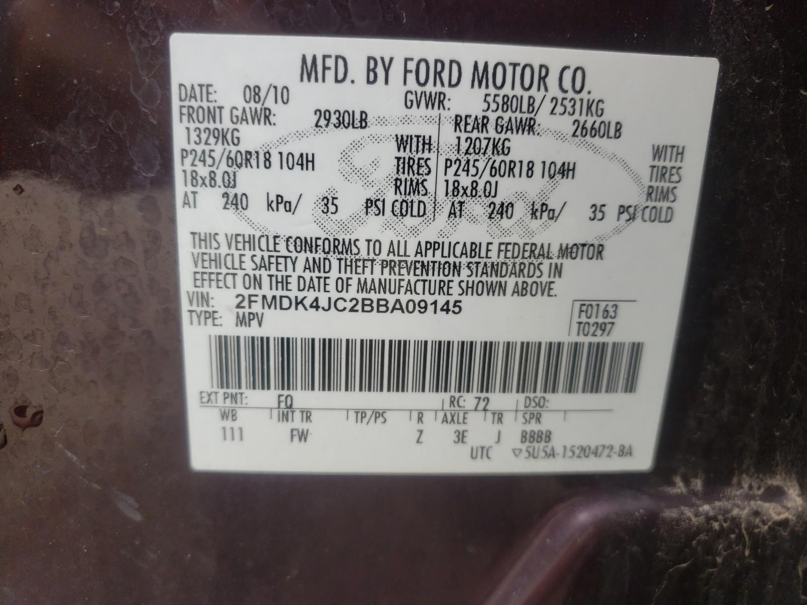 Photo 10 from auction – 2011 FORD EDGE SEL with VIN 2FMDK4JC2BBA09145
