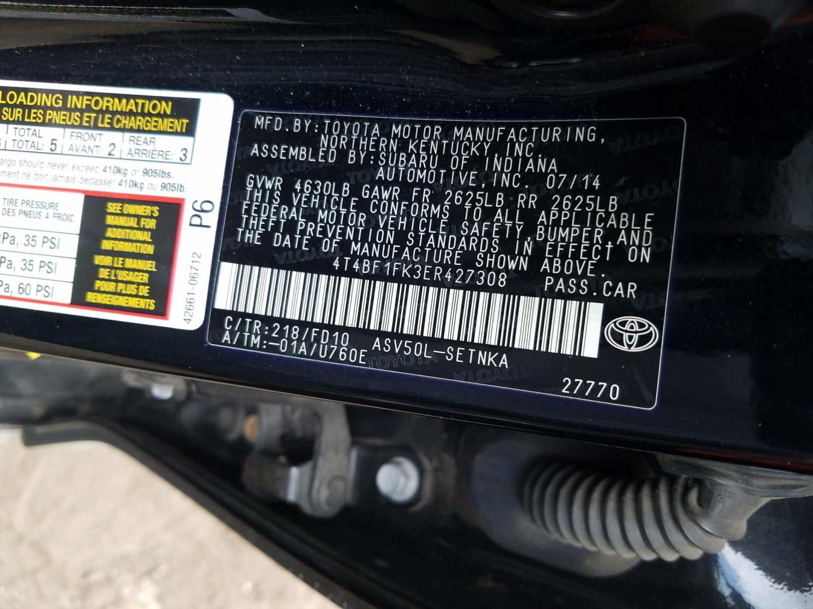 Photo 10 from auction – 2014 TOYOTA CAMRY L with VIN 4T4BF1FK3ER427308