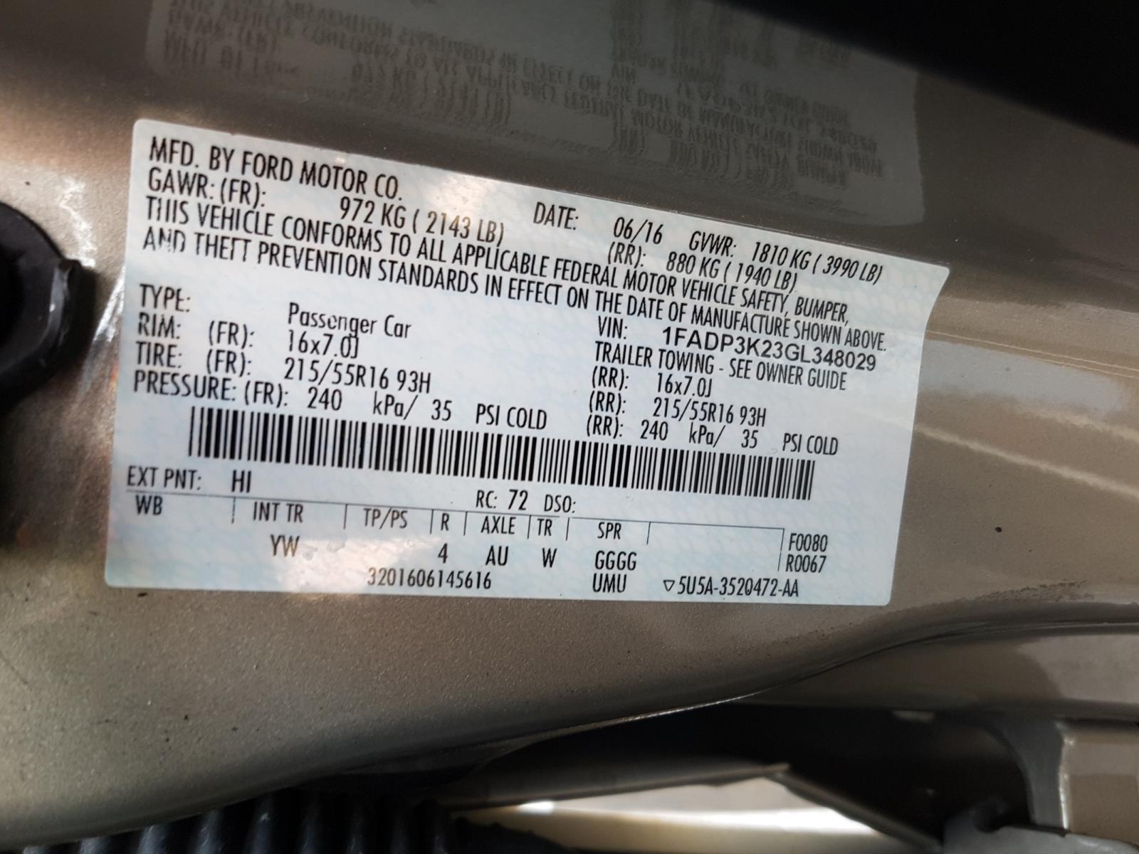 Photo 10 from auction – 2016 FORD FOCUS SE with VIN 1FADP3K23GL348029
