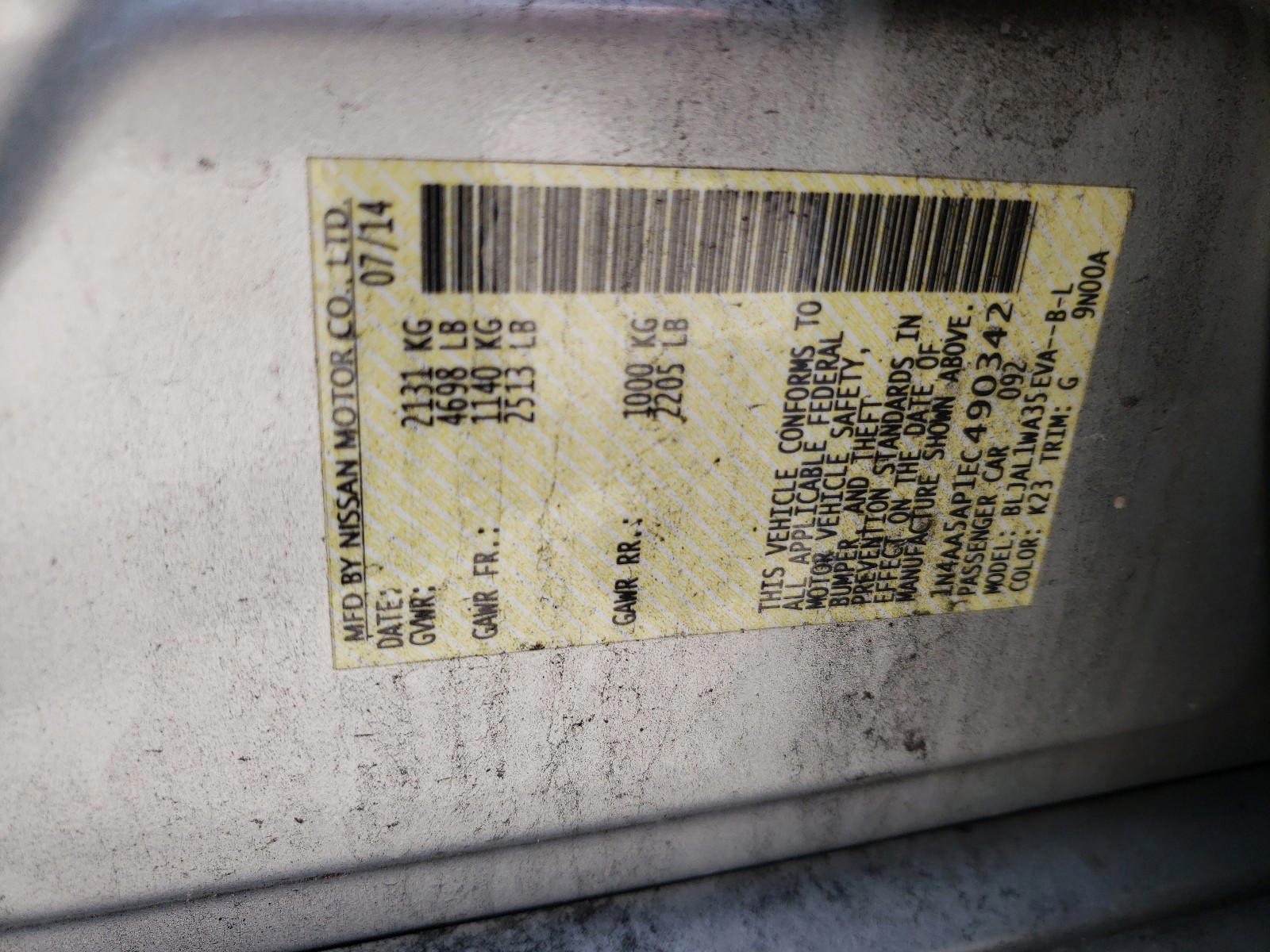 Photo 10 from auction – 2014 NISSAN MAXIMA S with VIN 1N4AA5AP1EC490342