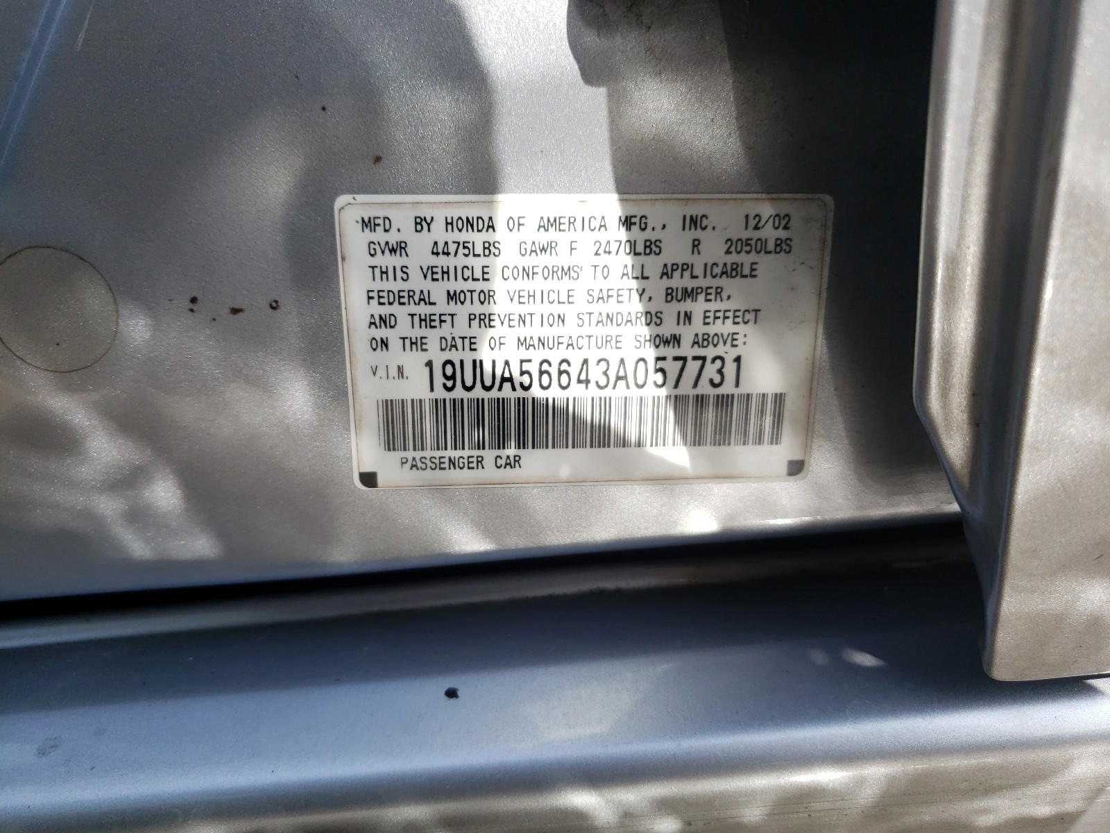 Photo 10 from auction – 2003 ACURA 3.2TL with VIN 19UUA56643A057731