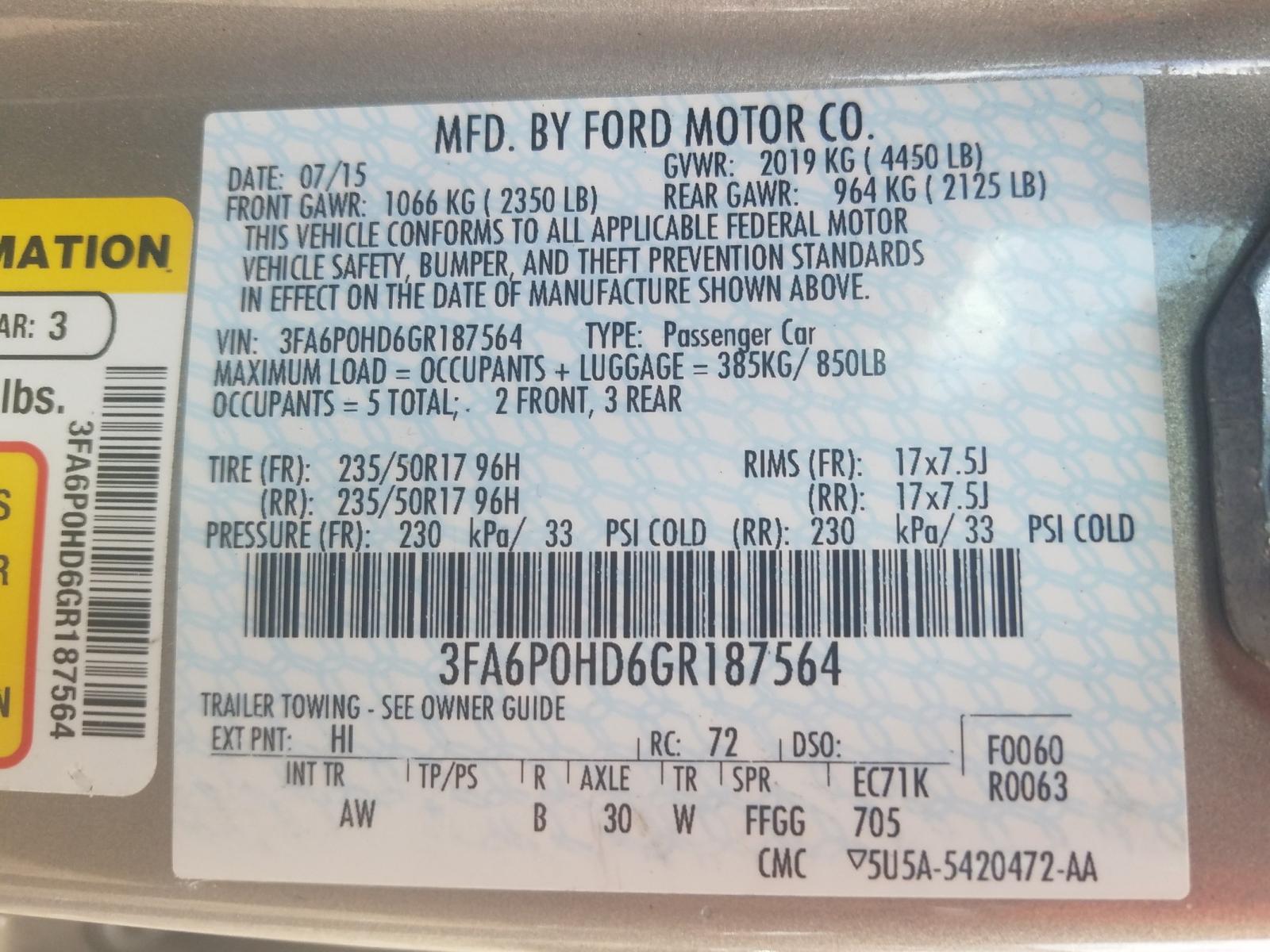 Photo 10 from auction – 2016 FORD FUSION SE with VIN 3FA6P0HD6GR187564