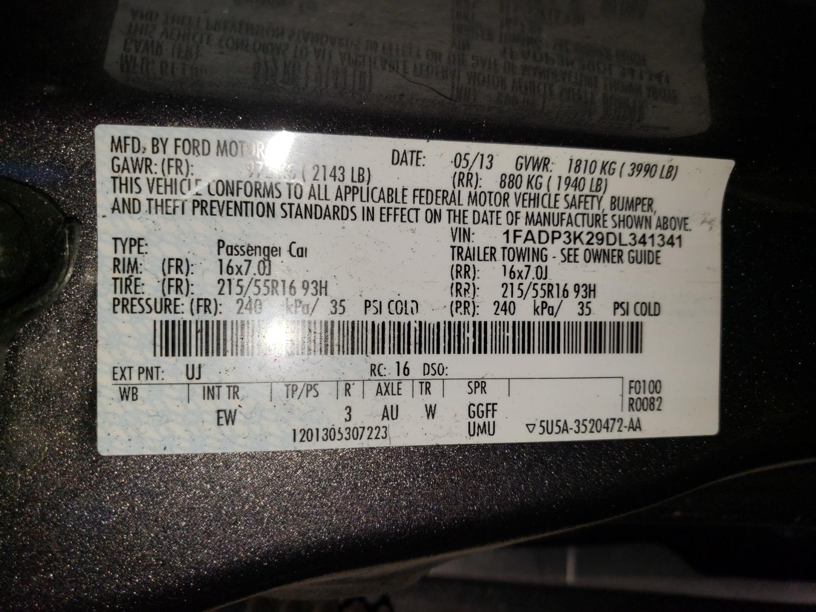 Photo 10 from auction – 2013 FORD FOCUS SE with VIN 1FADP3K29DL341341