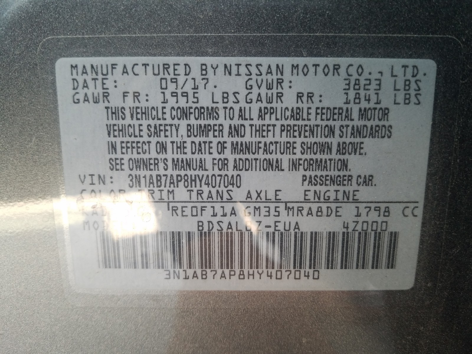 Photo 10 from auction – 2017 NISSAN SENTRA S with VIN 3N1AB7AP8HY407040