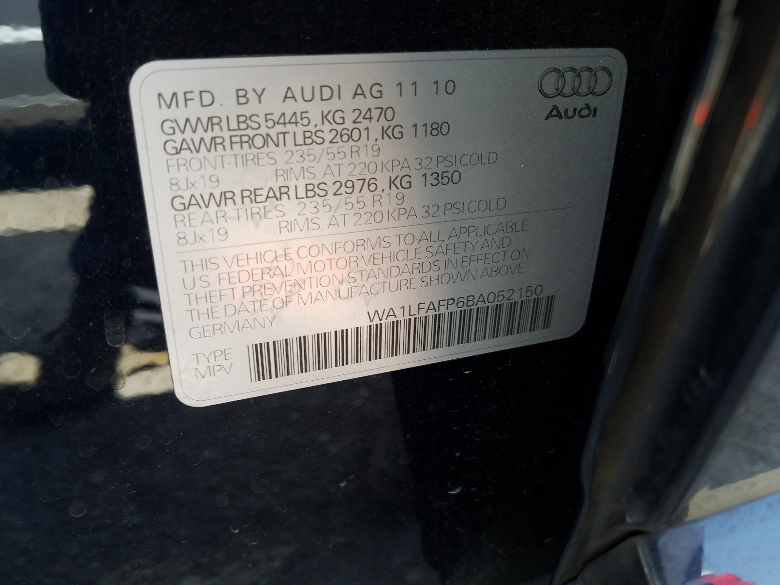 Photo 10 from auction – 2011 AUDI Q5 PREMIUM with VIN WA1LFAFP6BA052150