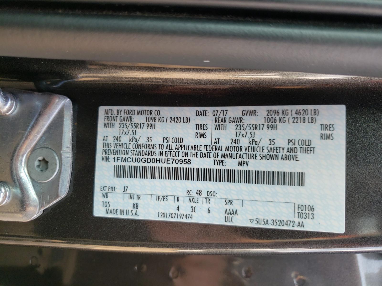 Photo 10 from auction – 2017 FORD ESCAPE SE with VIN 1FMCU0GD0HUE70958