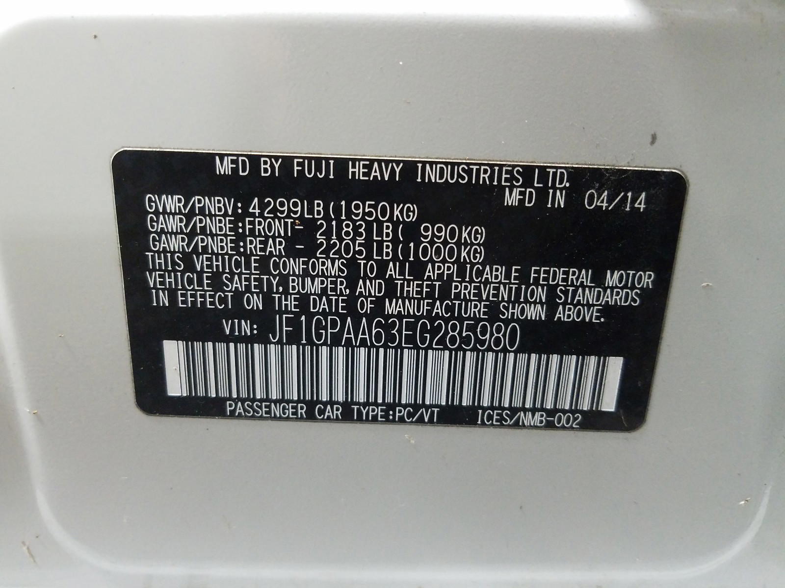 Photo 10 from auction – 2014 SUBARU IMPREZA with VIN JF1GPAA63EG285980