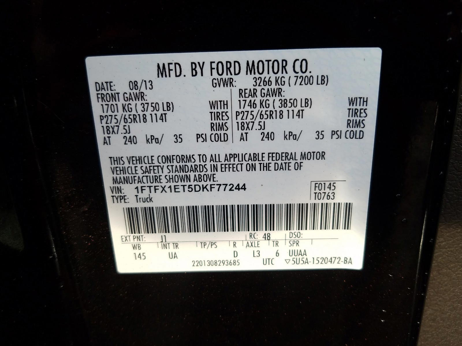 Photo 10 from auction – 2013 FORD F150 SUPER with VIN 1FTFX1ET5DKF77244