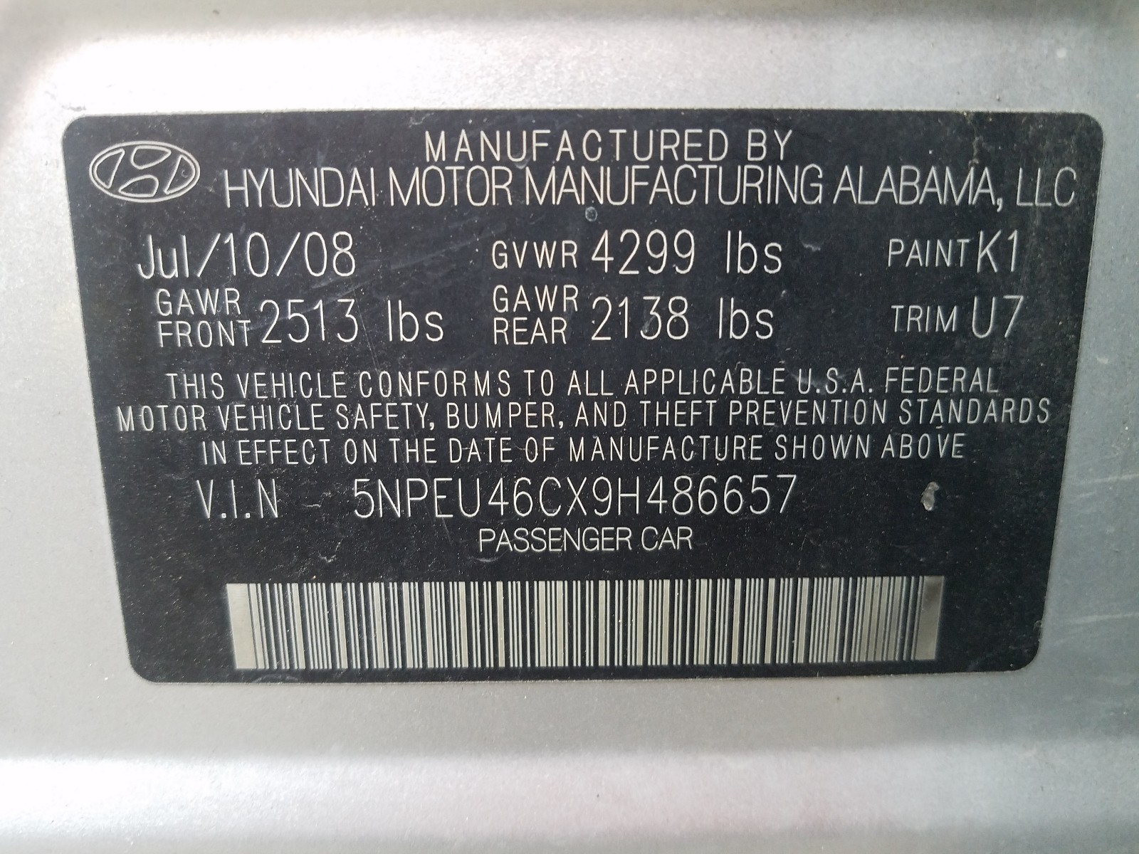 Photo 10 from auction – 2009 HYUNDAI SONATA SE with VIN 5NPEU46CX9H486657