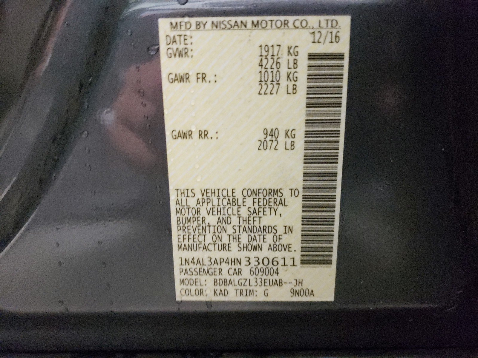 Photo 10 from auction – 2017 NISSAN ALTIMA 2.5 with VIN 1N4AL3AP4HN330611