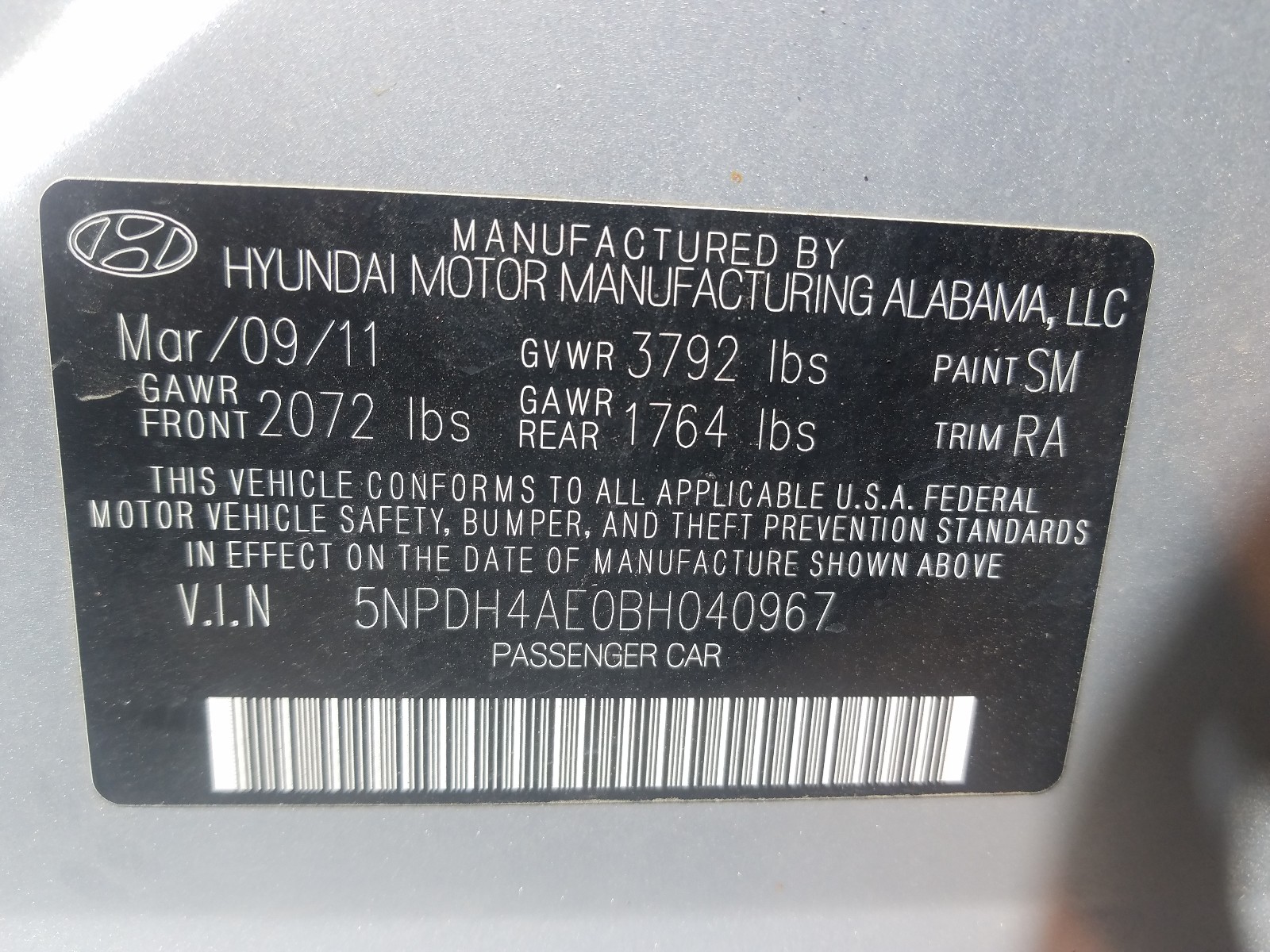 Photo 10 from auction – 2011 HYUNDAI ELANTRA GL with VIN 5NPDH4AE0BH040967