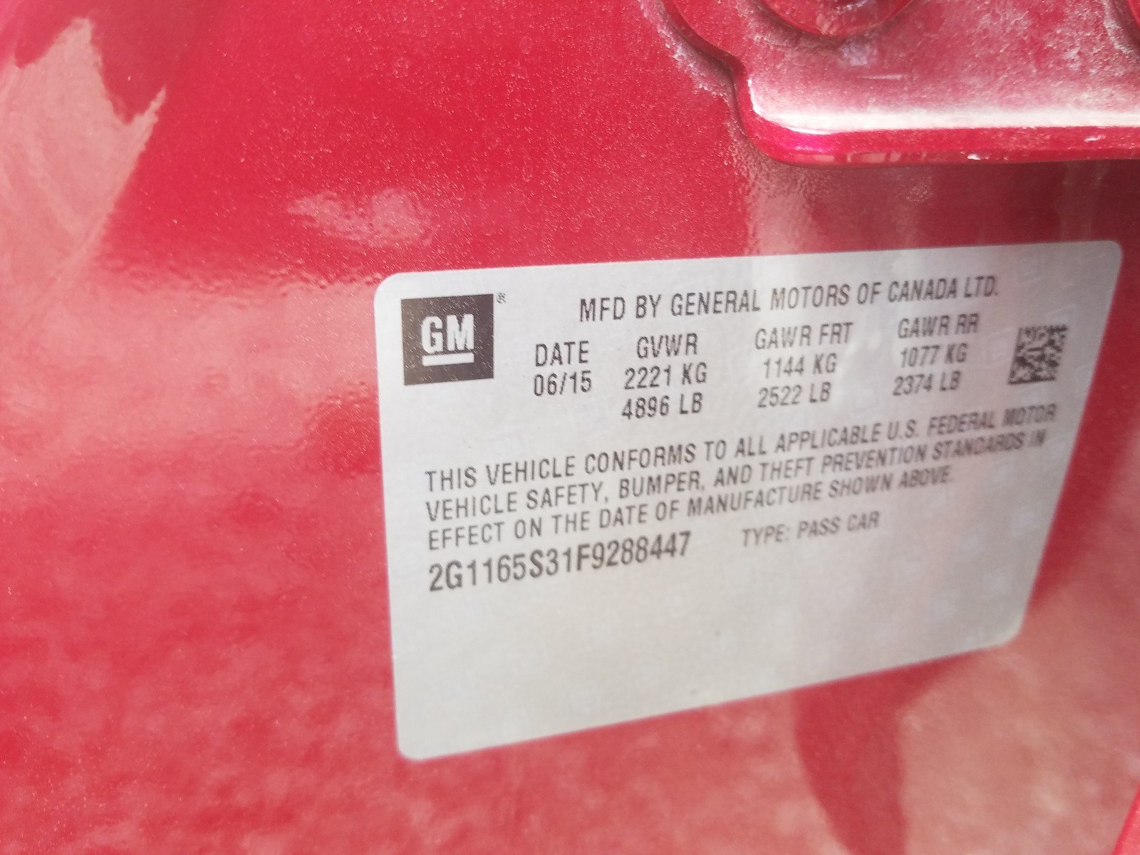 Photo 10 from auction – 2015 CHEVROLET IMPALA LTZ with VIN 2G1165S31F9288447