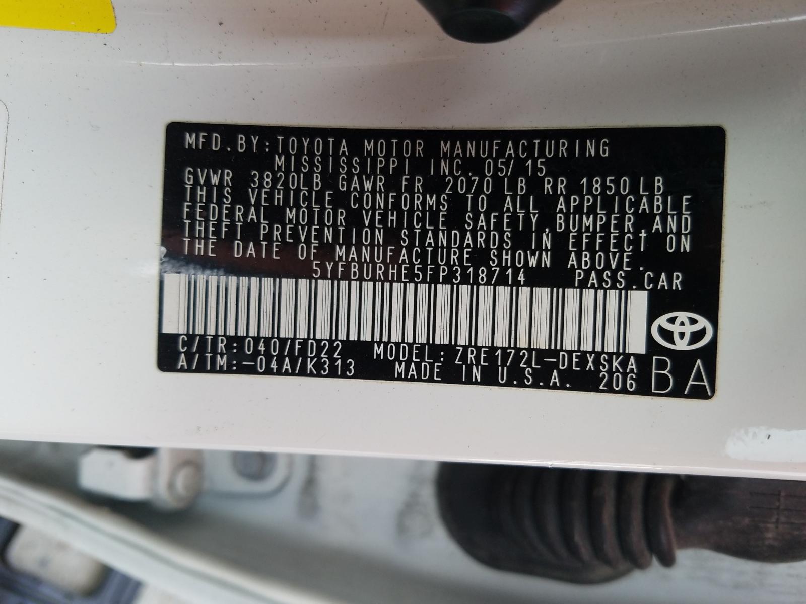 Photo 10 from auction – 2015 TOYOTA COROLLA L with VIN 5YFBURHE5FP318714