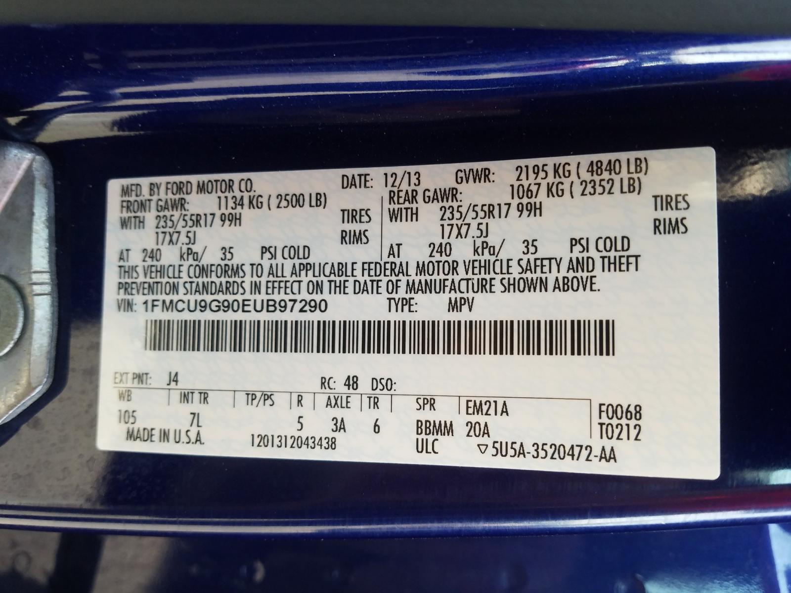 Photo 10 from auction – 2014 FORD ESCAPE SE with VIN 1FMCU9G90EUB97290
