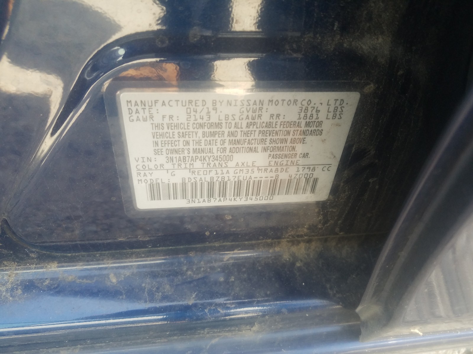 Photo 10 from auction – 2019 NISSAN SENTRA with VIN 3N1AB7AP4KY345000