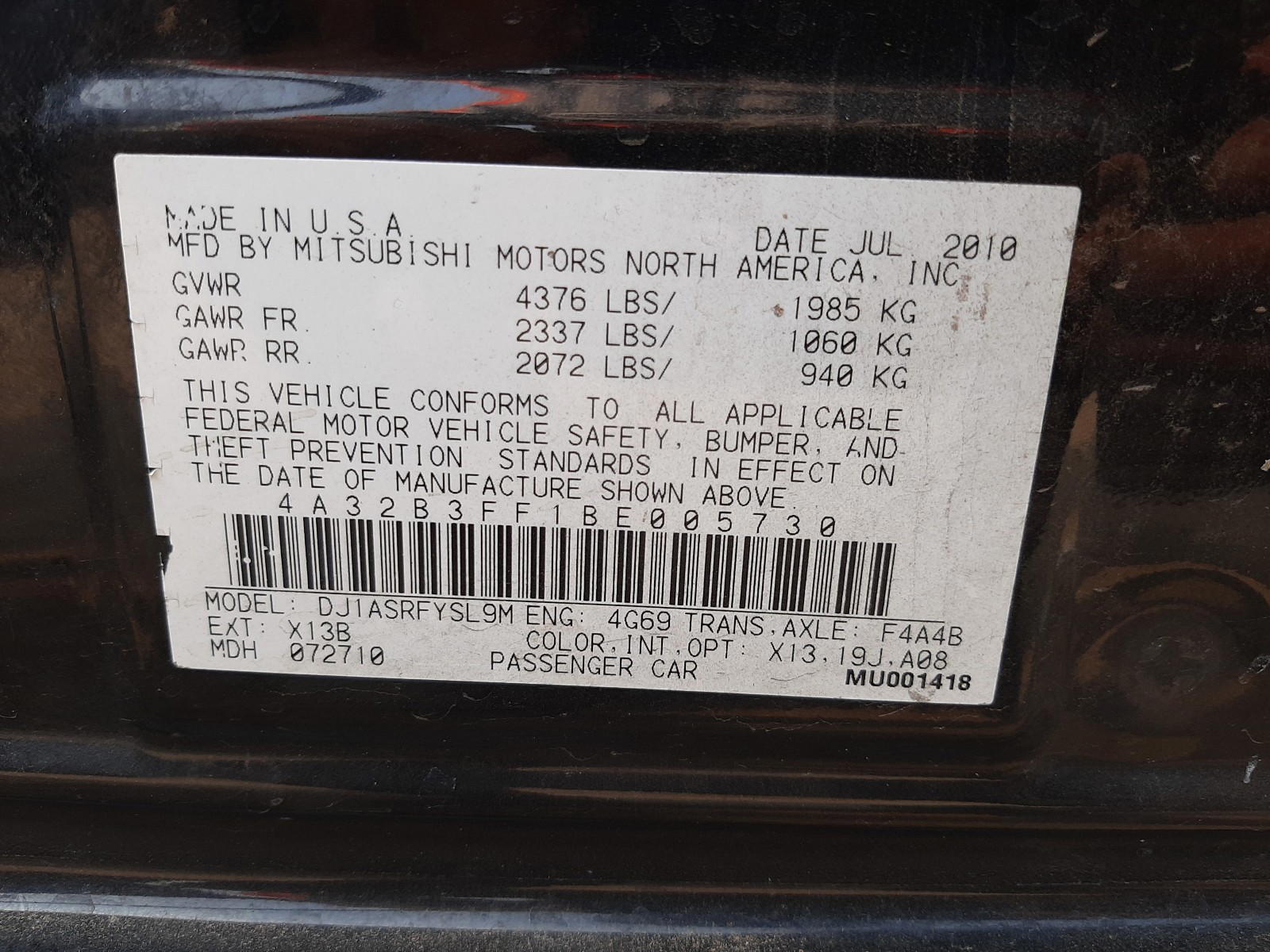 Photo 10 from auction – 2011 MITSUBISHI GALANT ES with VIN 4A32B3FF1BE005730