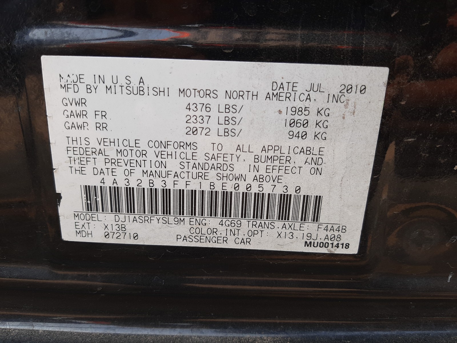 Zdjęcie 10 z aukcji – 2011 MITSUBISHI GALANT ES z VIN 4A32B3FF1BE005730