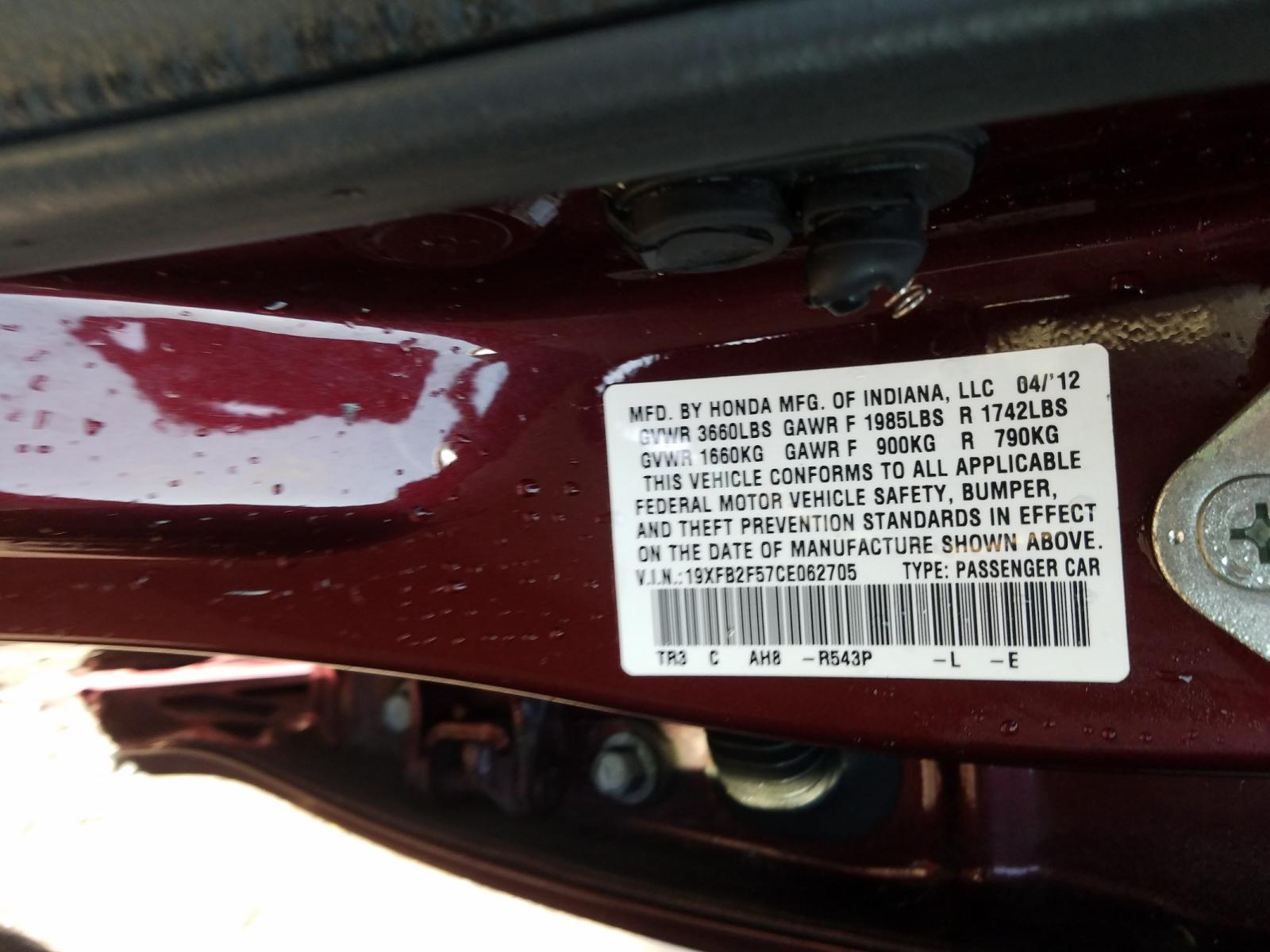 Photo 10 from auction – 2012 HONDA CIVIC LX with VIN 19XFB2F57CE062705