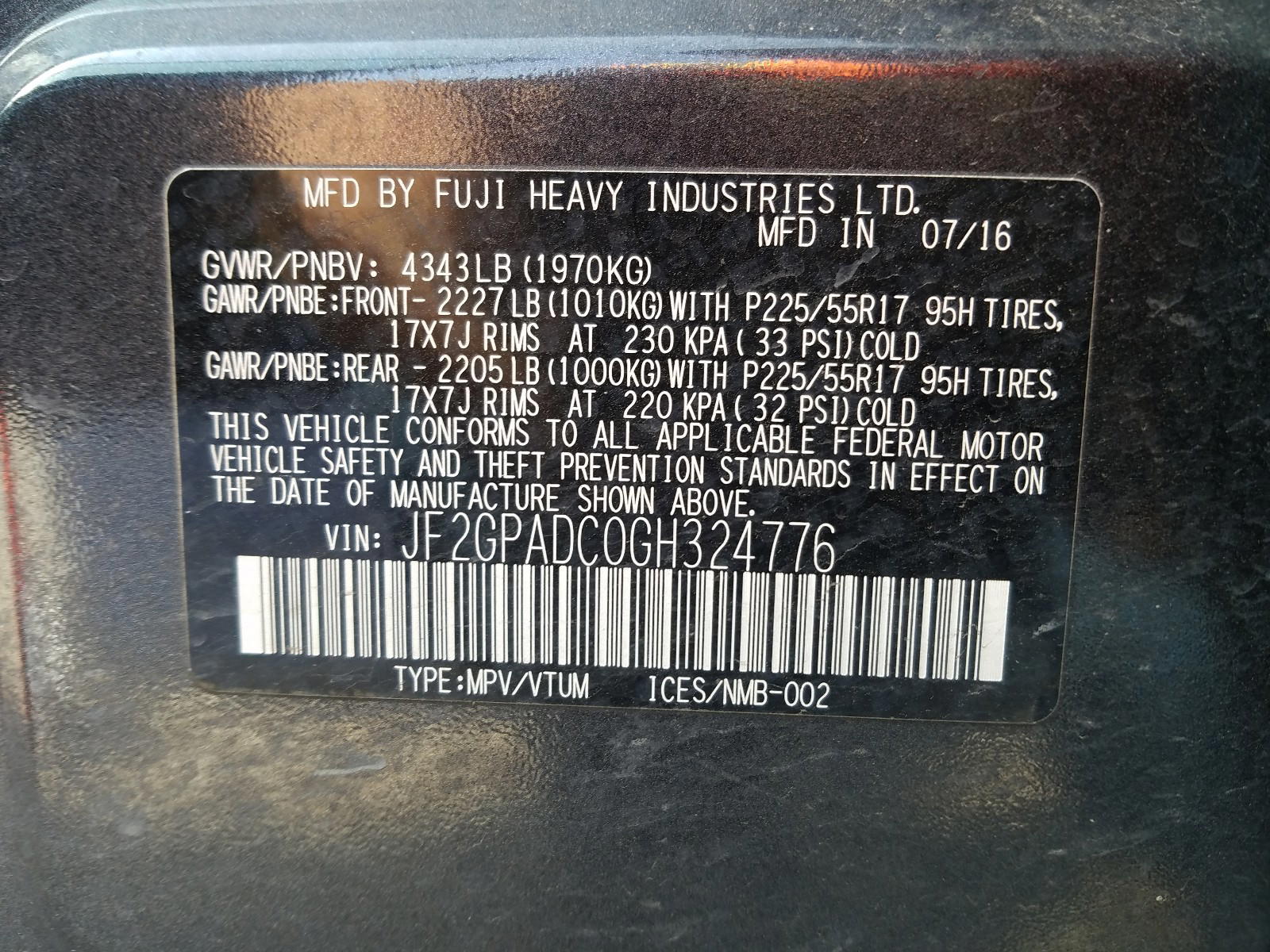 Photo 10 from auction – 2016 SUBARU CROSSTREK with VIN JF2GPADC0GH324776