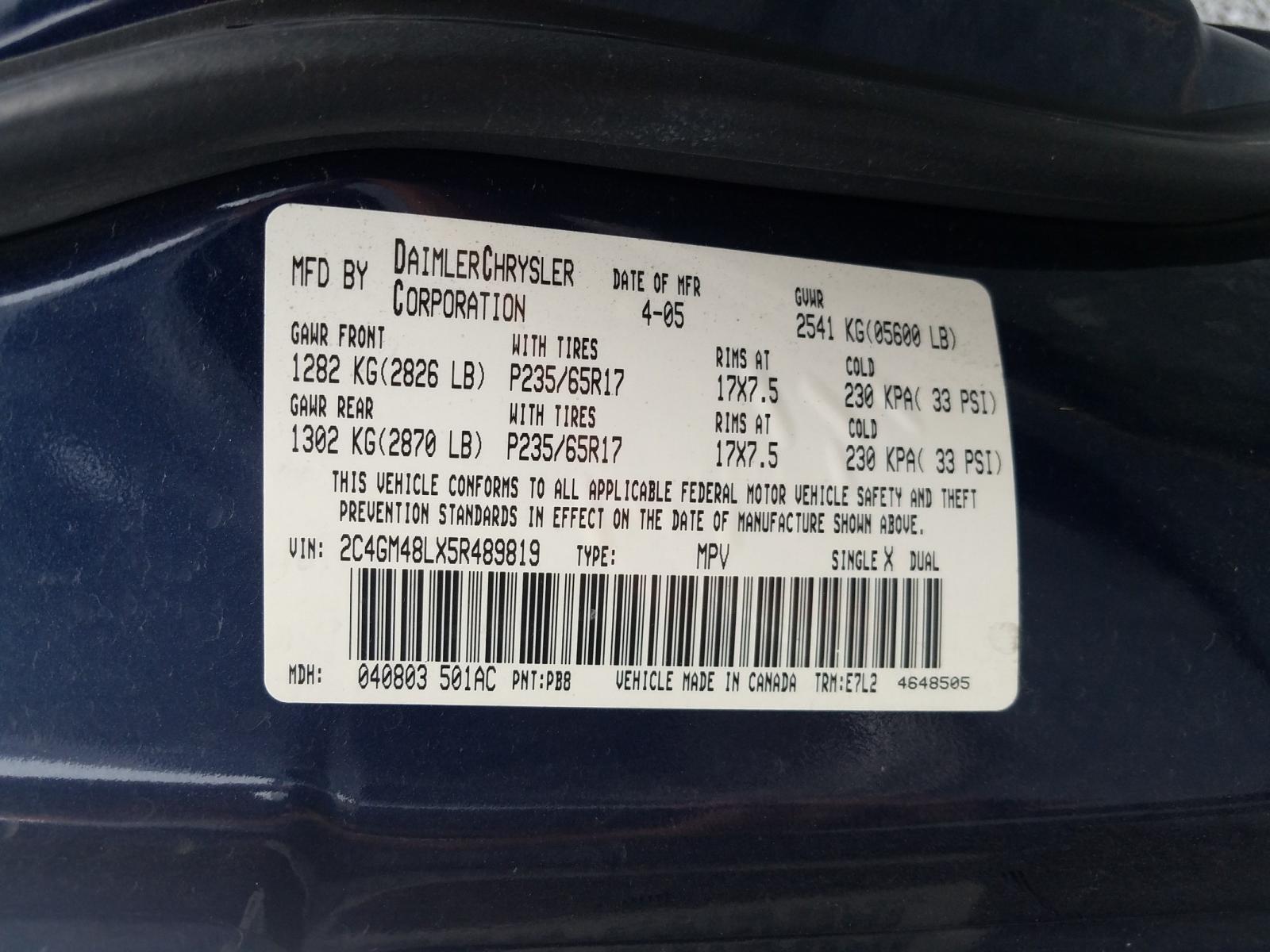 Photo 10 from auction – 2005 CHRYSLER PACIFICA with VIN 2C4GM48LX5R489819
