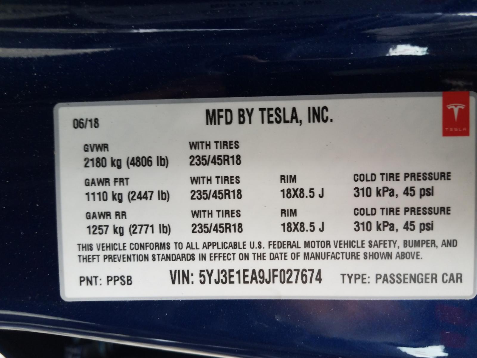 Photo 10 from auction – 2018 TESLA MODEL 3 with VIN 5YJ3E1EA9JF027674