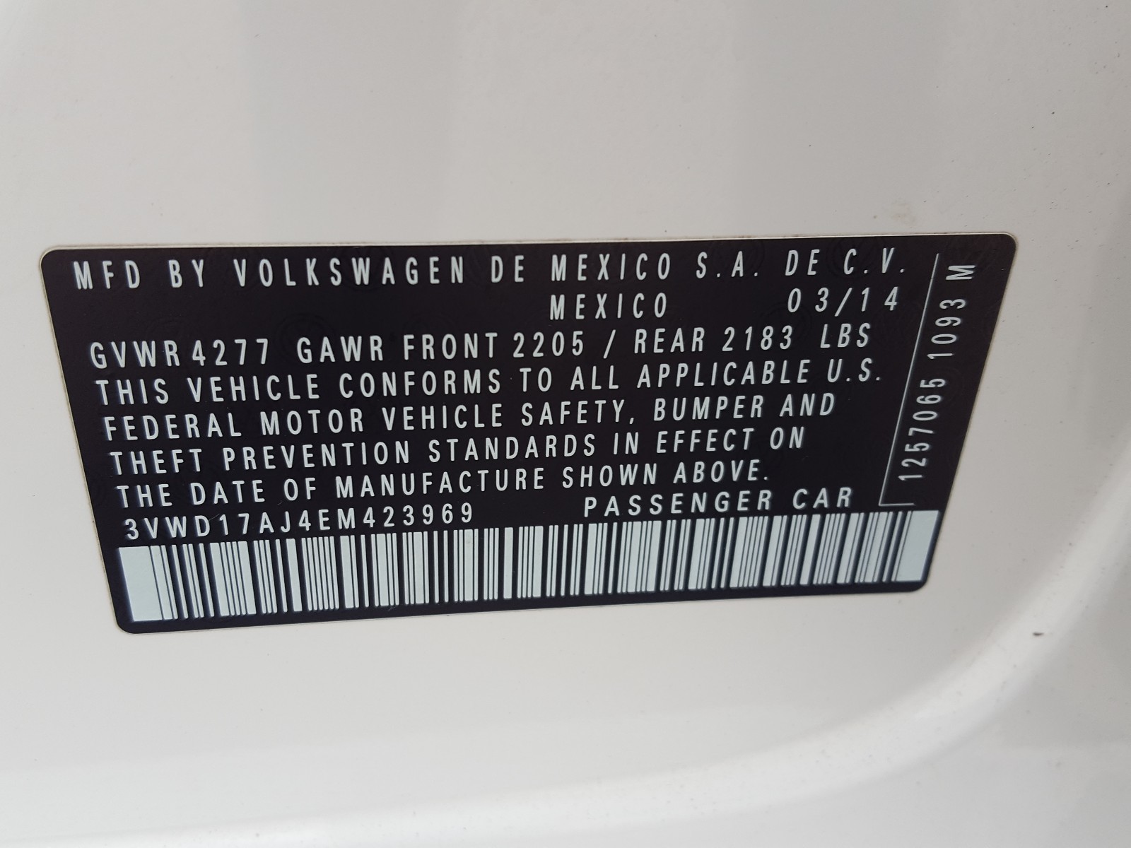 Photo 10 from auction – 2014 VOLKSWAGEN JETTA SE with VIN 3VWD17AJ4EM423969