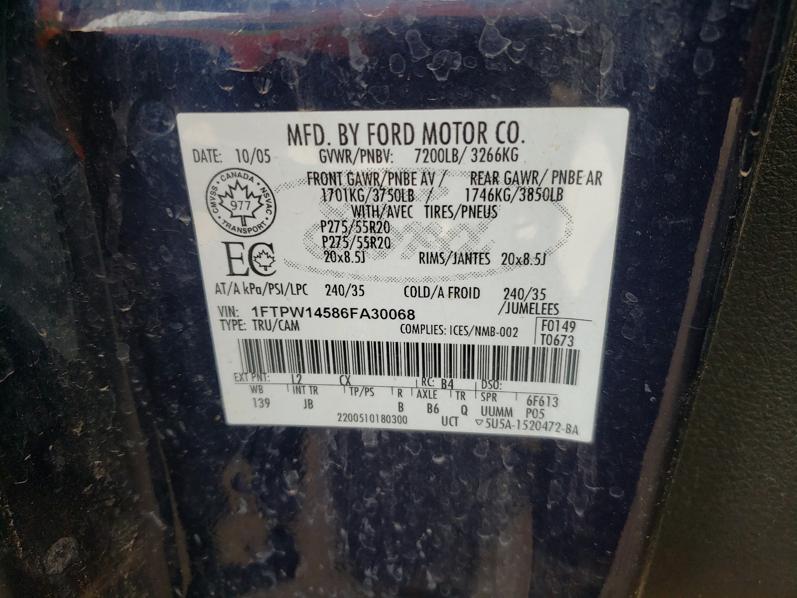 Photo 10 from auction – 2006 FORD F150 SUPER with VIN 1FTPW14586FA30068
