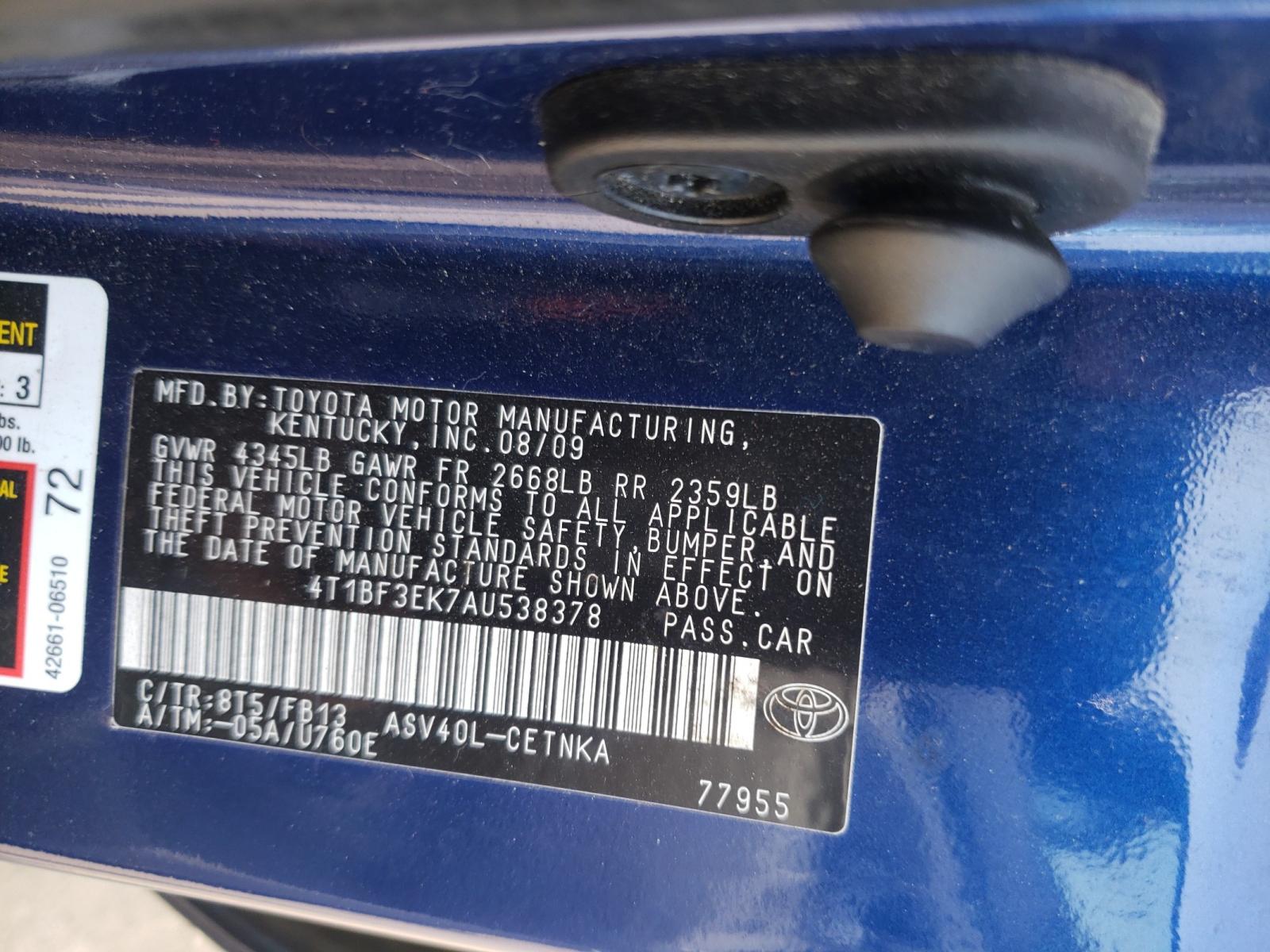 Photo 10 from auction – 2010 TOYOTA CAMRY BASE with VIN 4T1BF3EK7AU538378