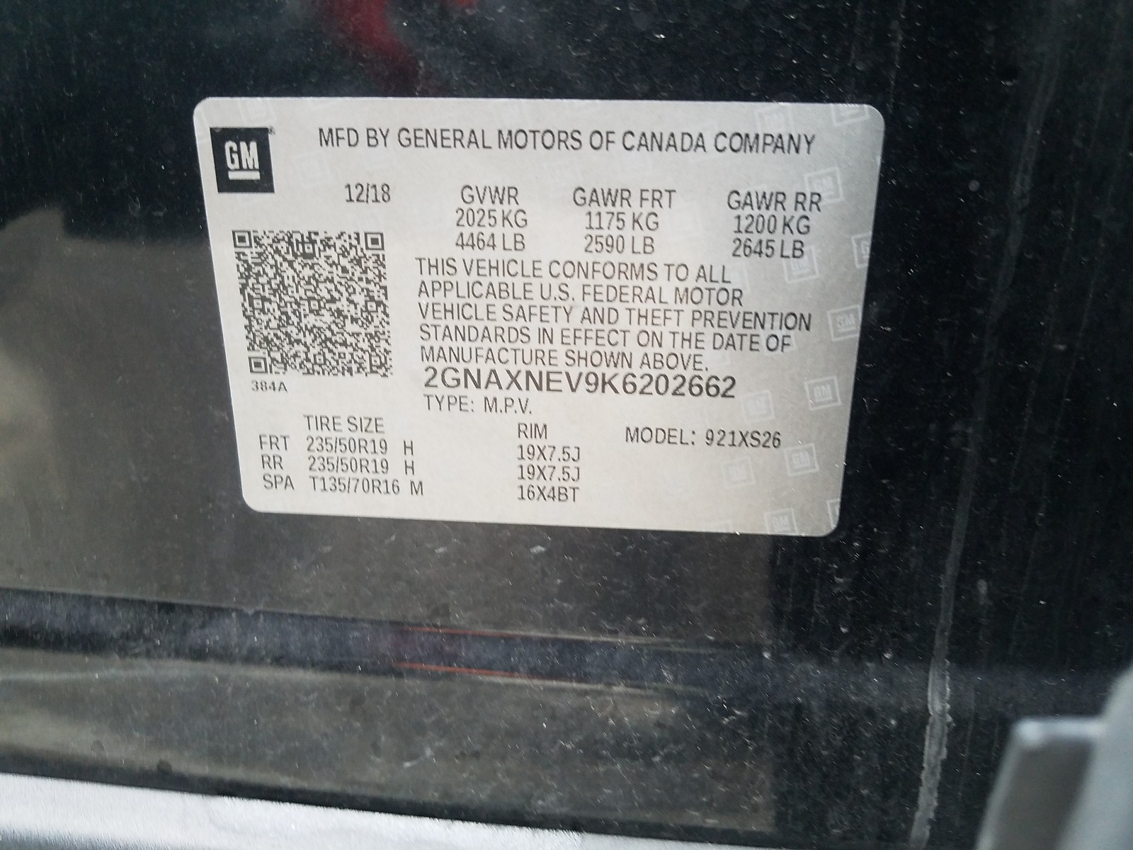 Photo 10 from auction – 2019 CHEVROLET EQUINOX PR with VIN 2GNAXNEV9K6202662
