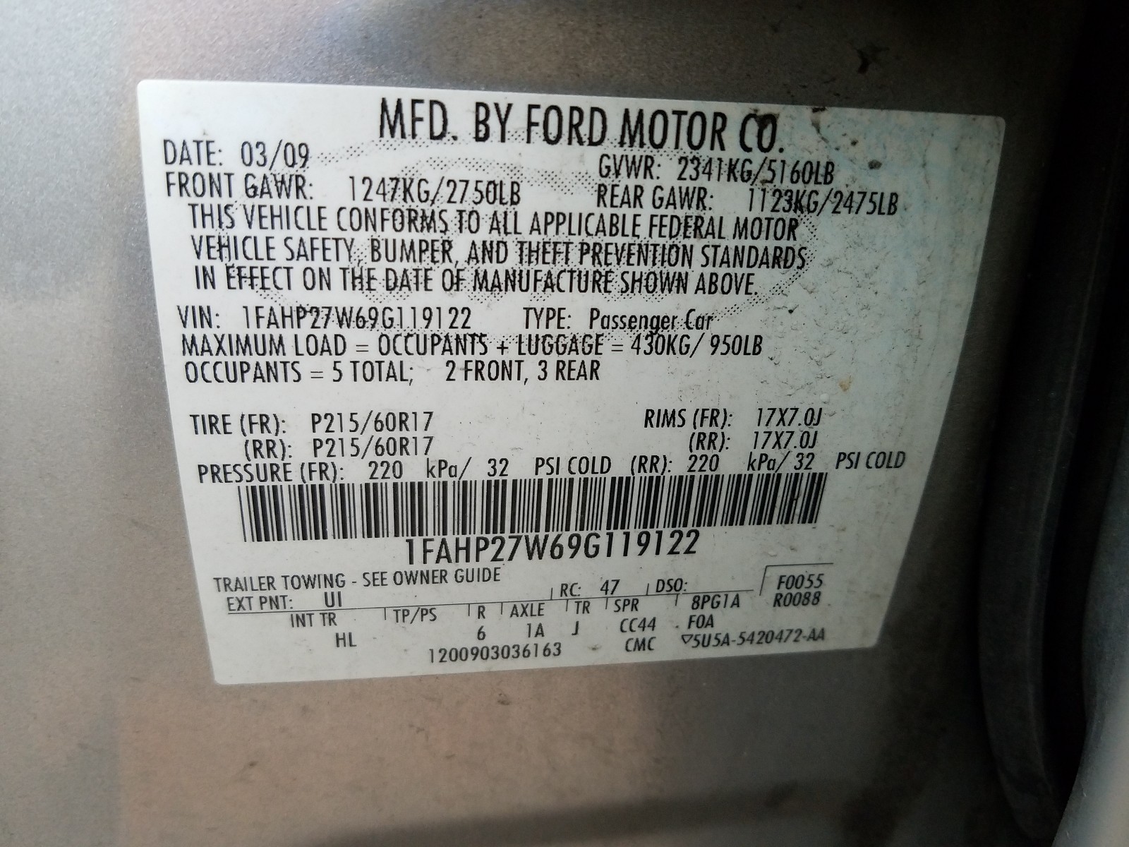 Photo 10 from auction – 2009 FORD TAURUS SEL with VIN 1FAHP27W69G119122