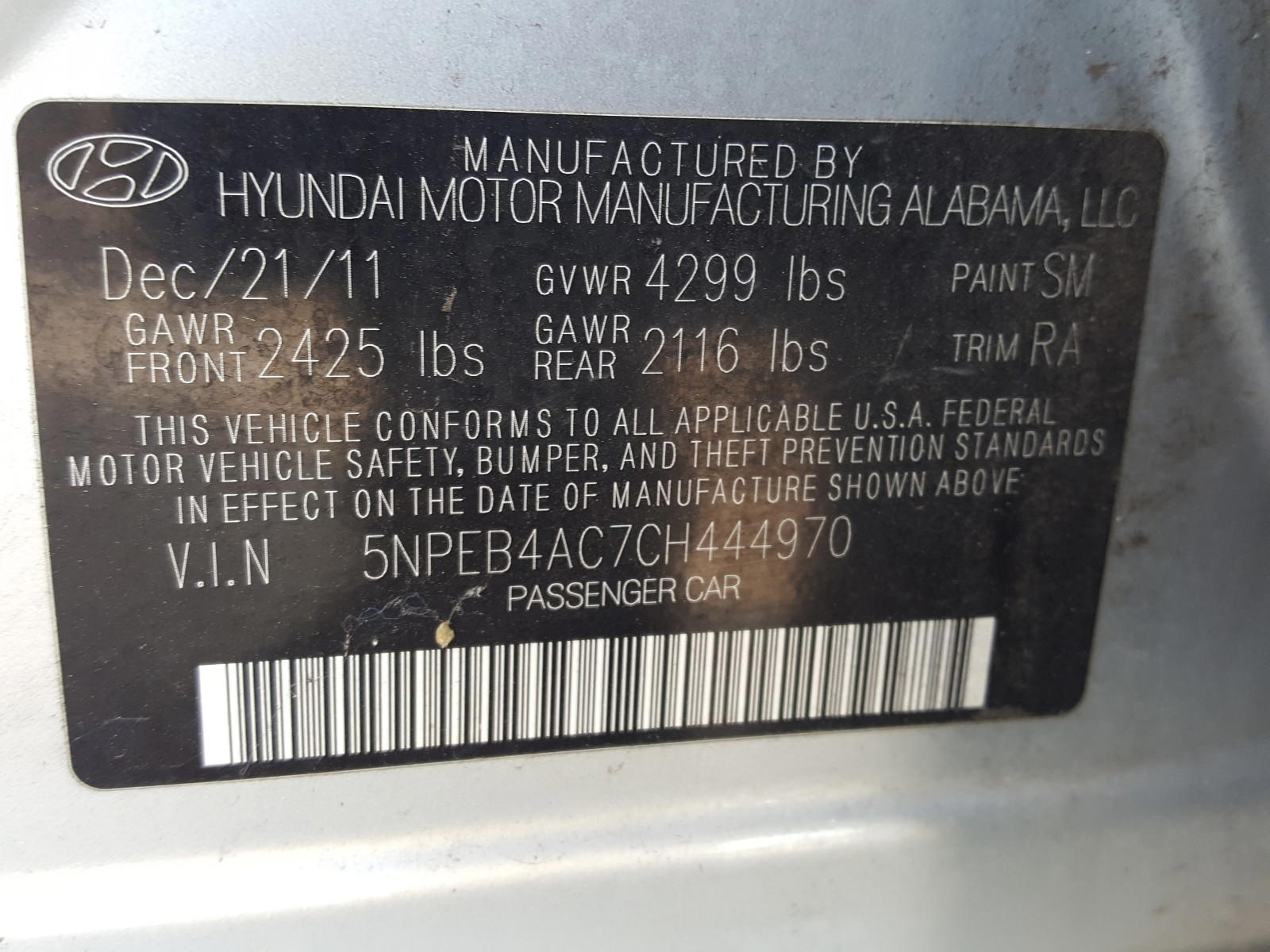Photo 10 from auction – 2012 HYUNDAI SONATA GLS with VIN 5NPEB4AC7CH444970
