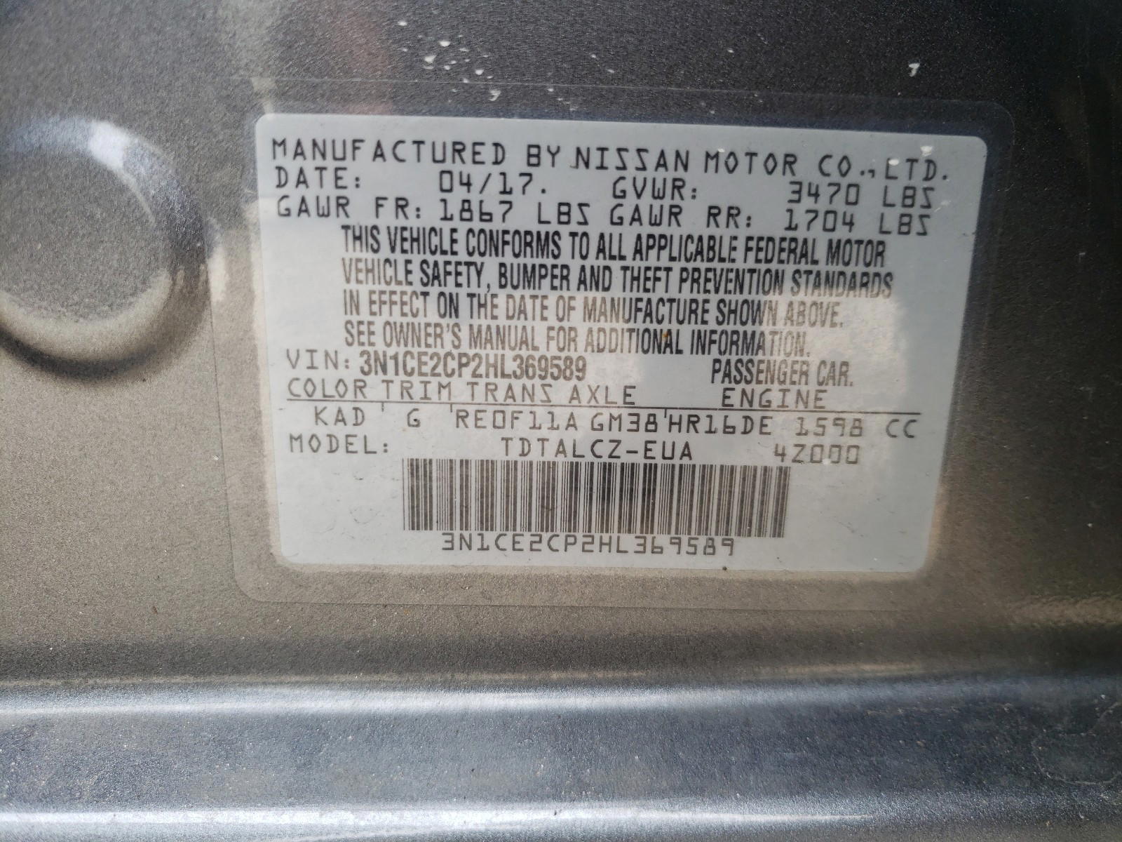 Photo 10 from auction – 2017 NISSAN VERSA with VIN 3N1CE2CP2HL369589