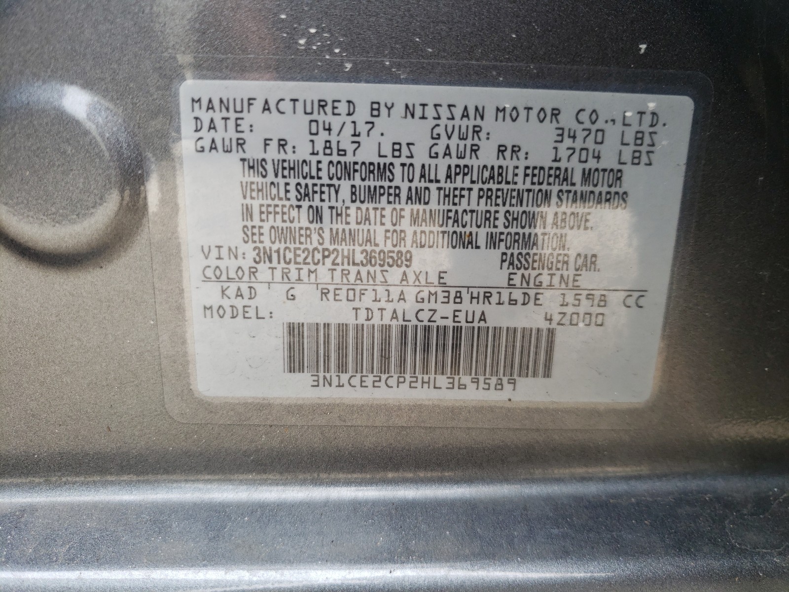 Фото 10 с аукциона – 2017 NISSAN VERSA с VIN 3N1CE2CP2HL369589