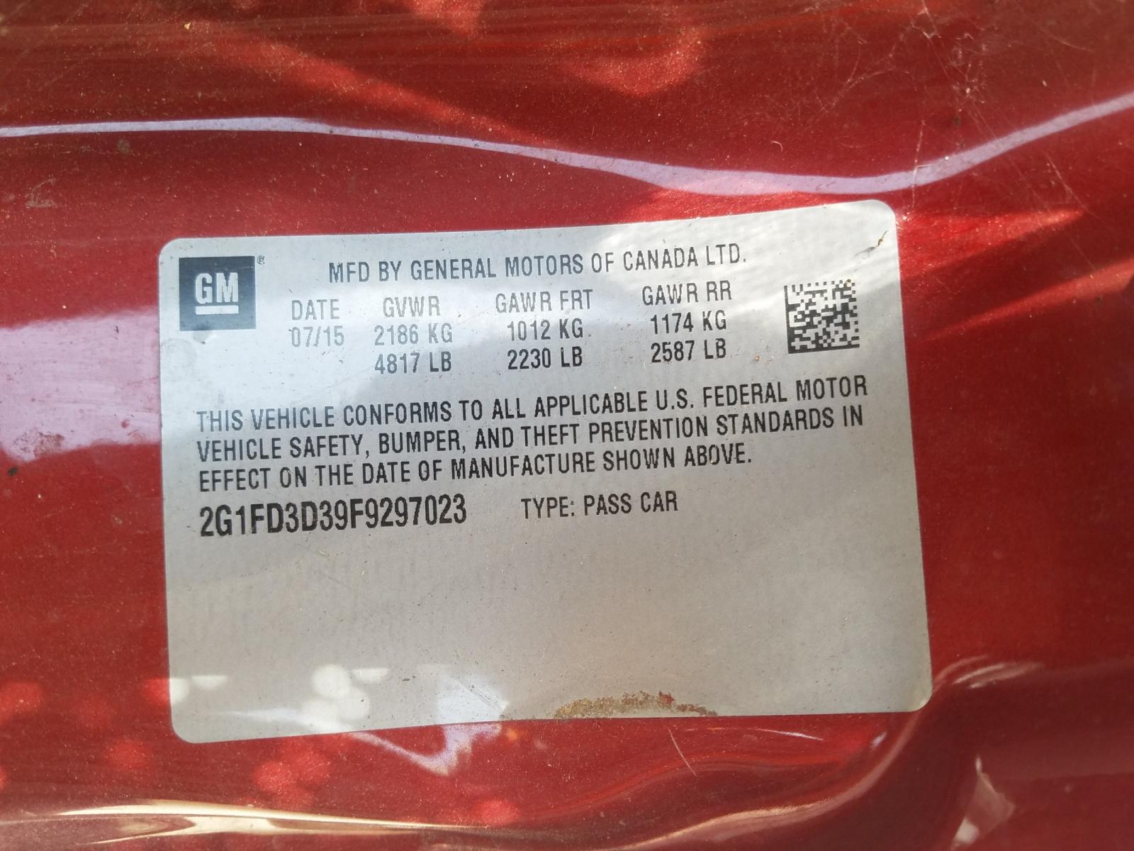 Photo 10 from auction – 2015 CHEVROLET CAMARO LT with VIN 2G1FD3D39F9297023